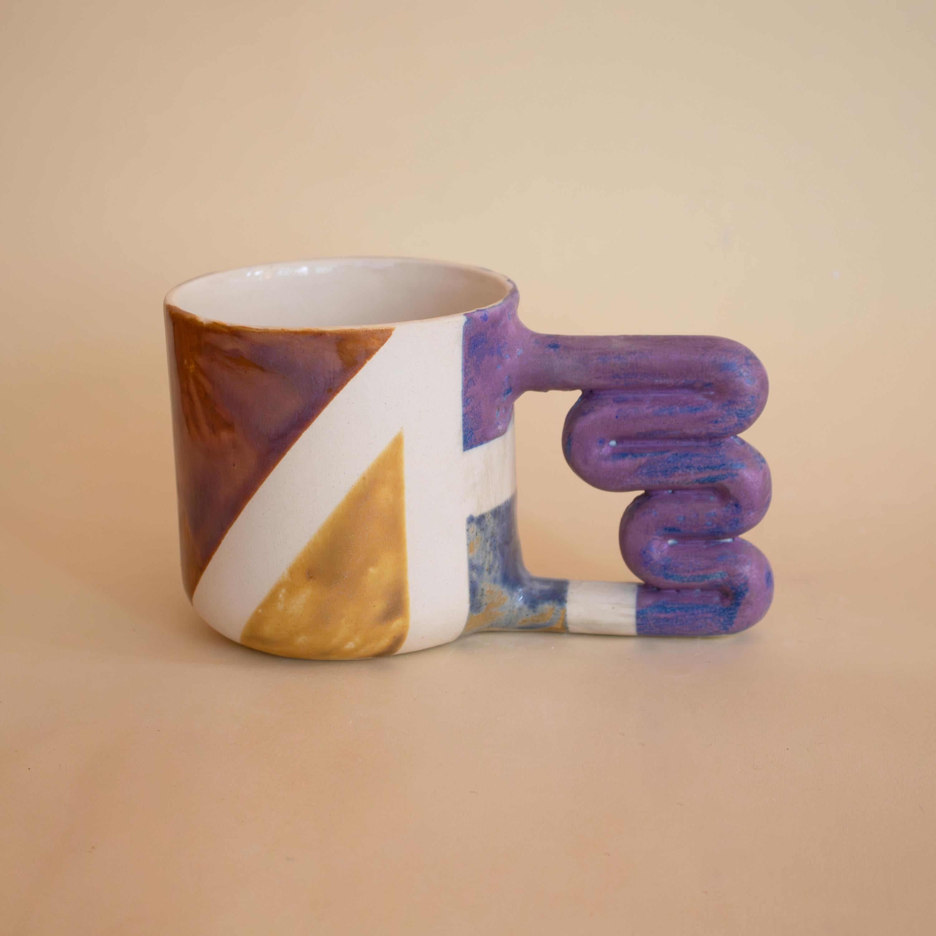 Handmade geometric ceramic mug with funky handle, colorful porcelain cup, artistic coffee lover gift