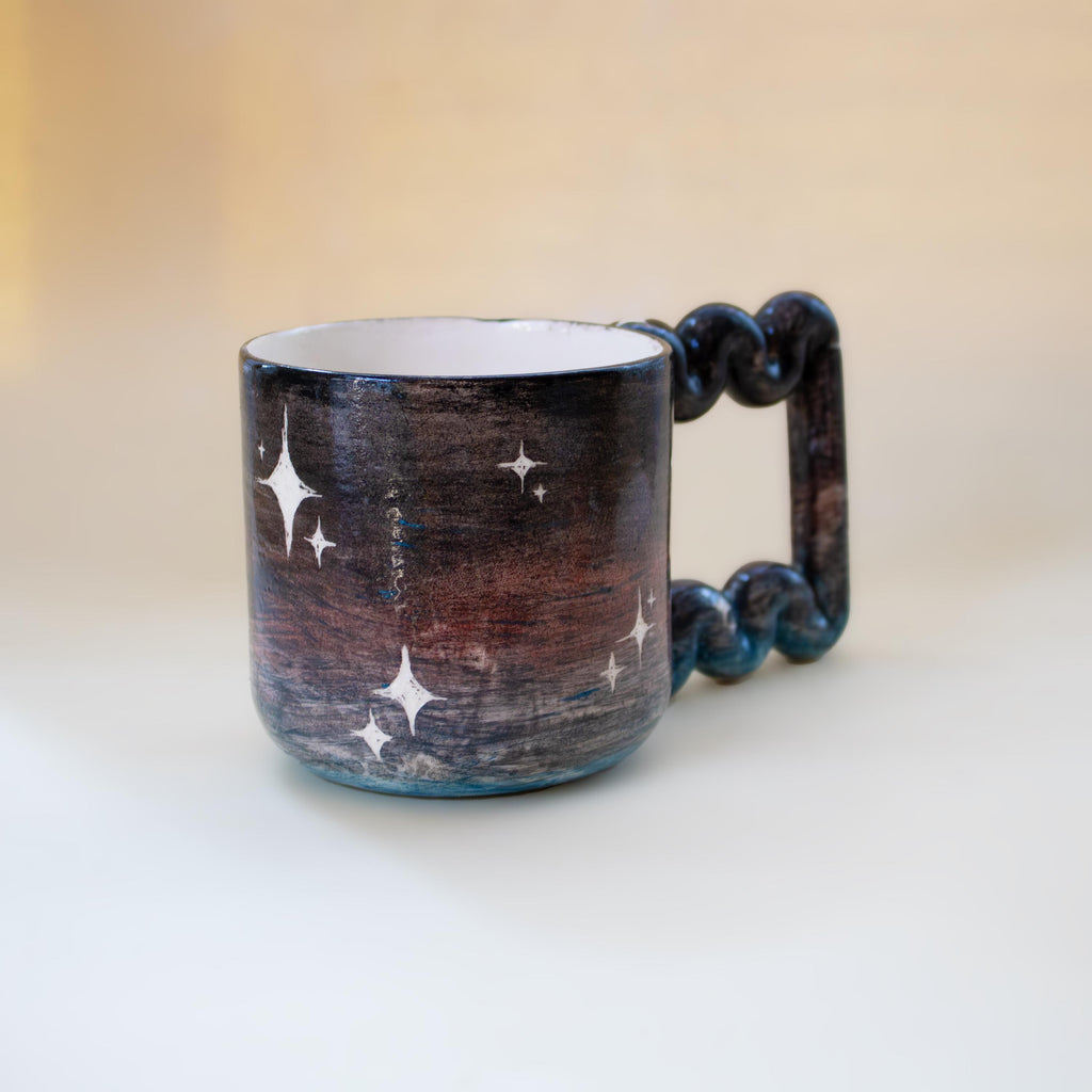 Handmade Galaxy Mug: Funky Handle Ceramic Coffee Cup