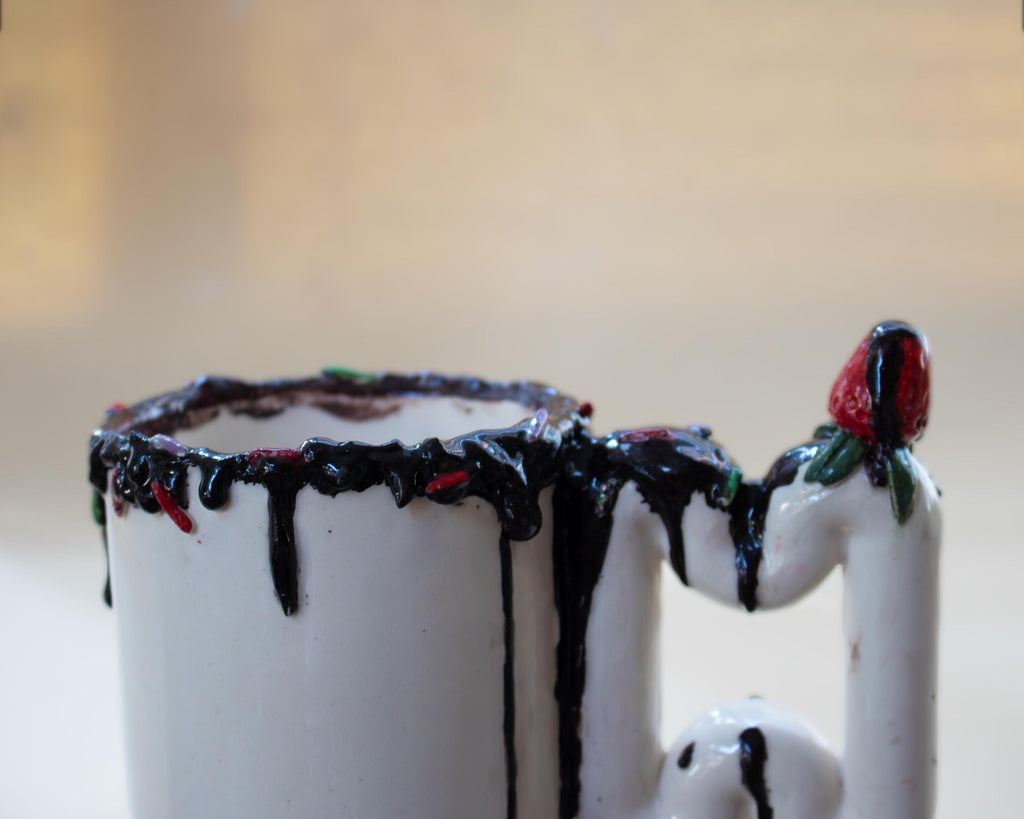 Handmade Chocolate Drip Mug: Funky Strawberry Handle Porcelain Cup