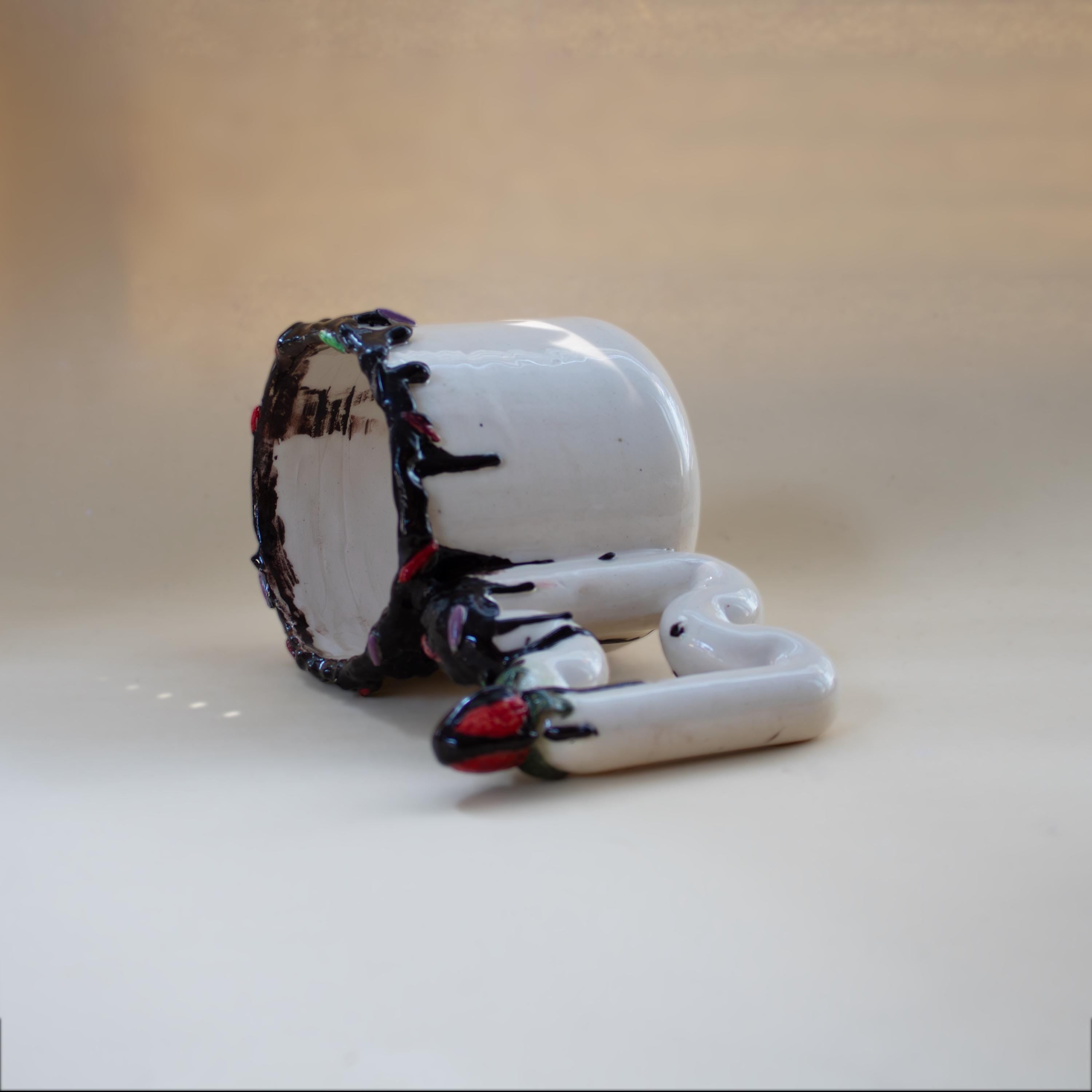 Handmade Chocolate Drip Mug: Funky Strawberry Handle Porcelain Cup