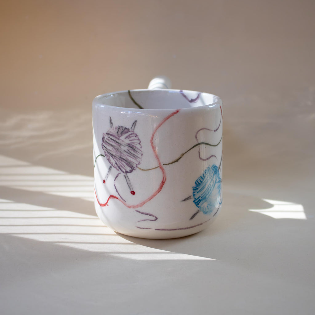 Colorful yarn pattern porcelain mug with funky handle: Handmade Knitting cup