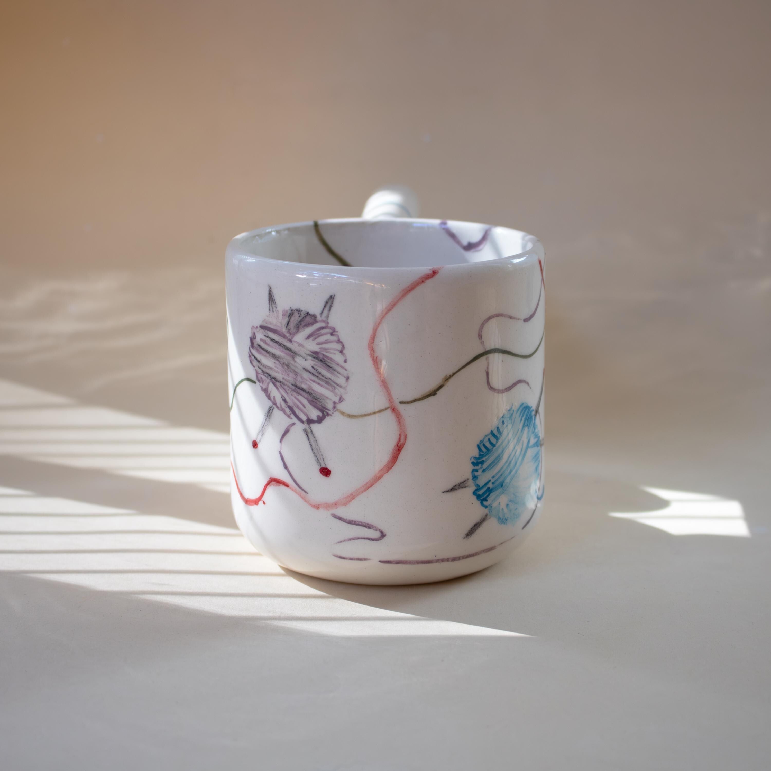 Colorful yarn pattern porcelain mug with funky handle: Handmade Knitting cup