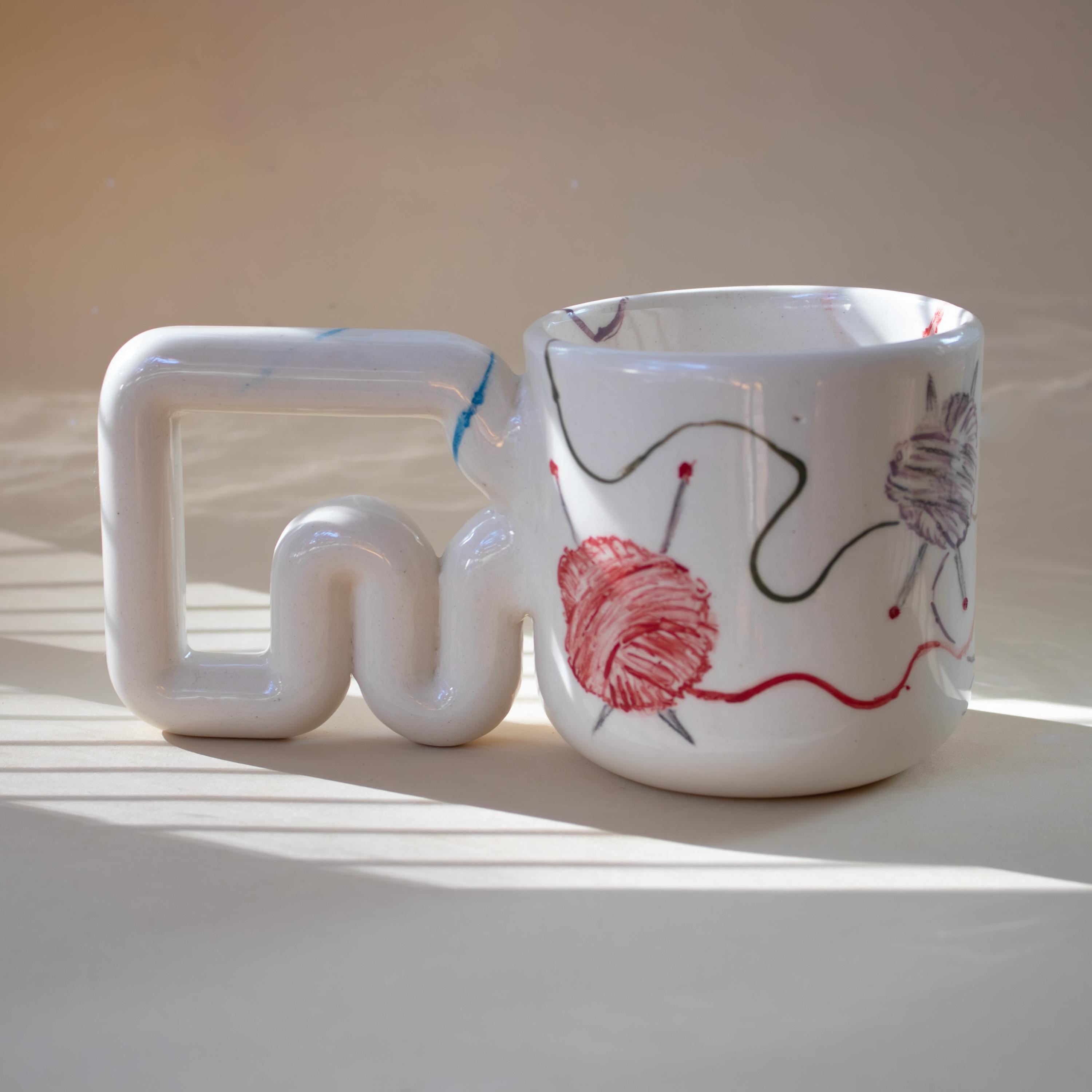Colorful yarn pattern porcelain mug with funky handle: Handmade Knitting cup