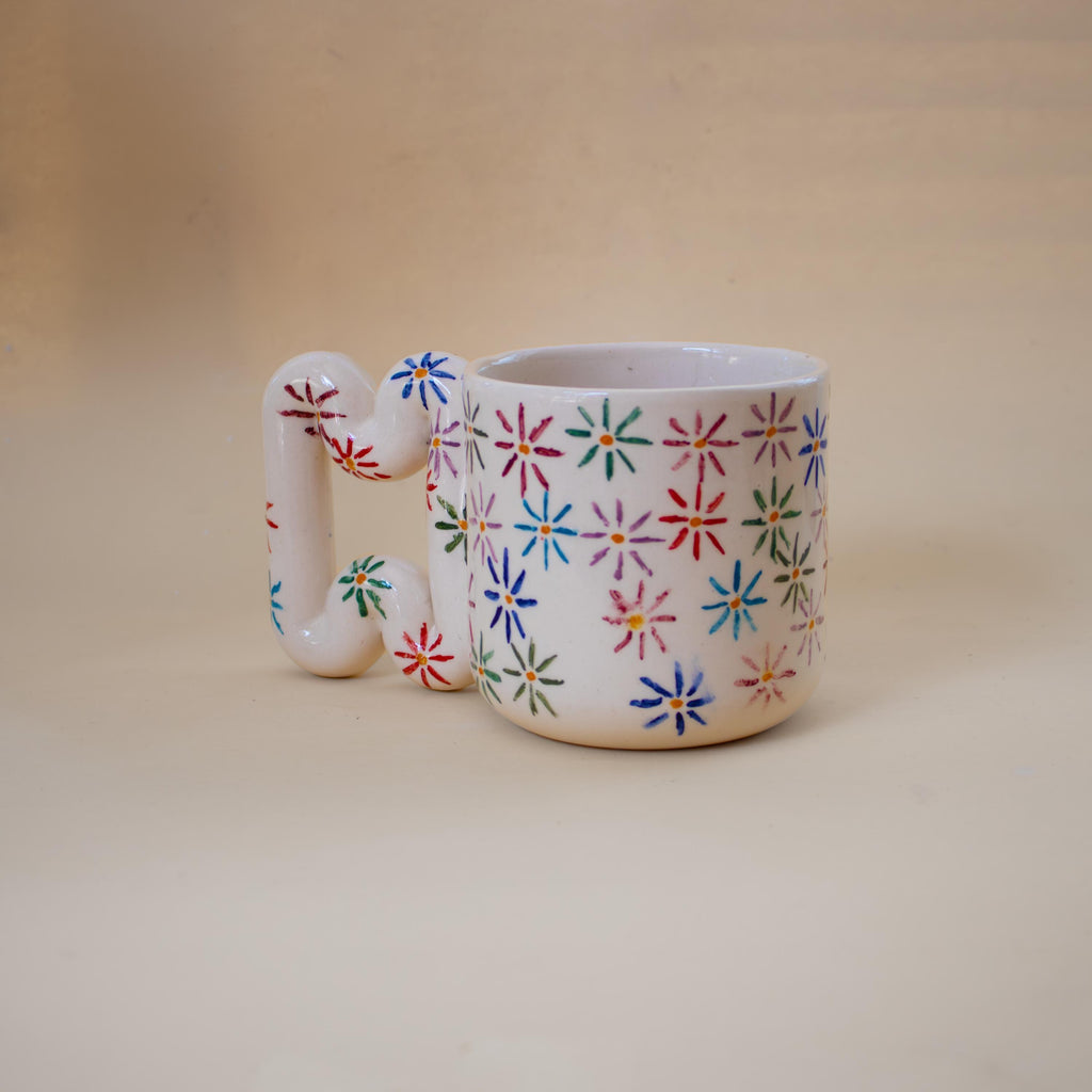 Handmade Ceramic Mug: Floral Blossom Design, Wavy Handle porcelain cup