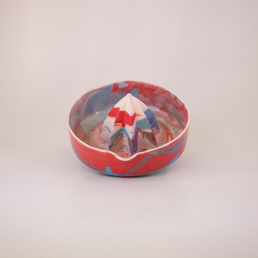 Red and blue porcelain lemon squeezer, handmade citrus juicer