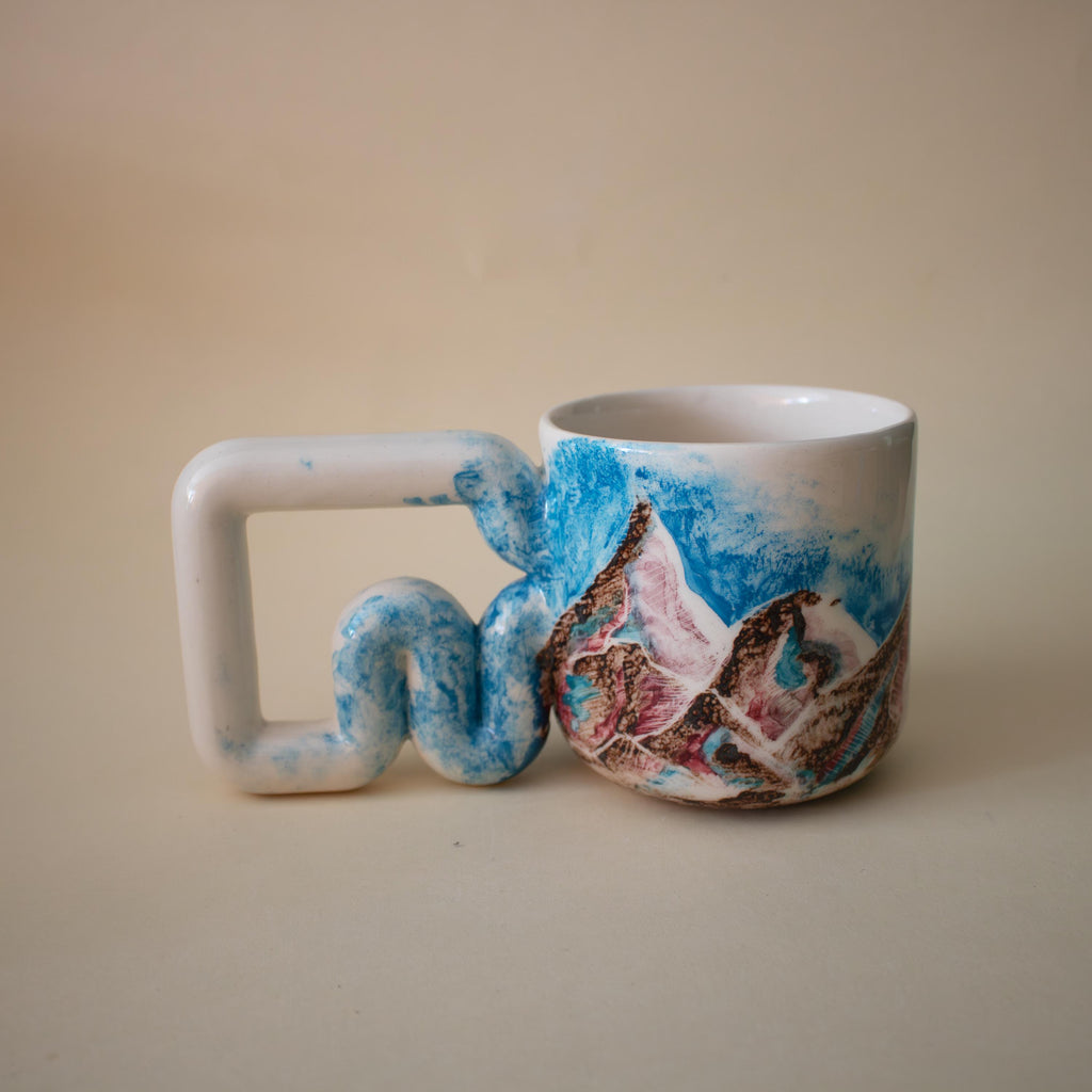 Handmade Mountain Ceramic Mug: Wavy Handle Porcelain Coffee Cup