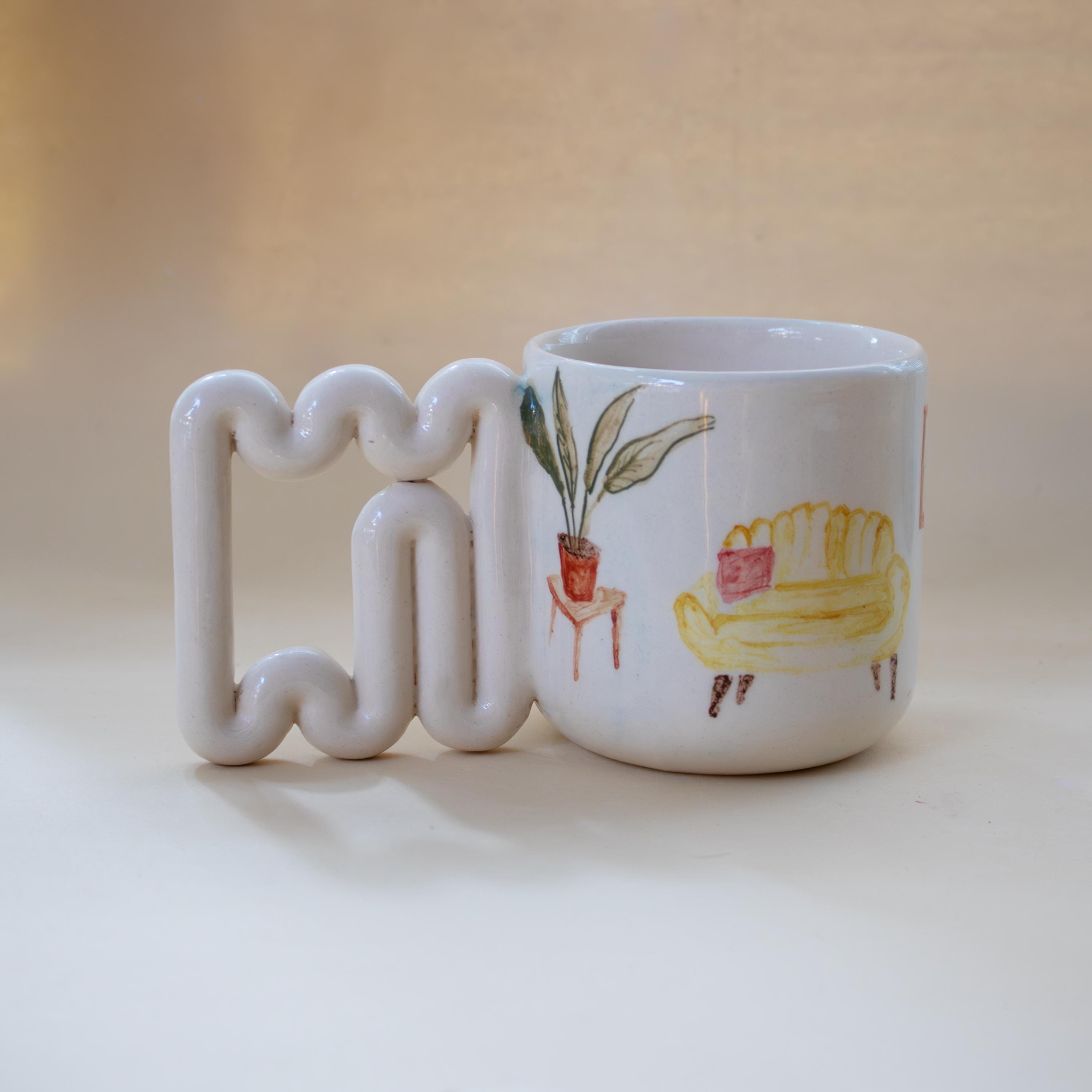 Handmade Porcelain Coffee Mug: Wavy Handle, Artistic Home Decor