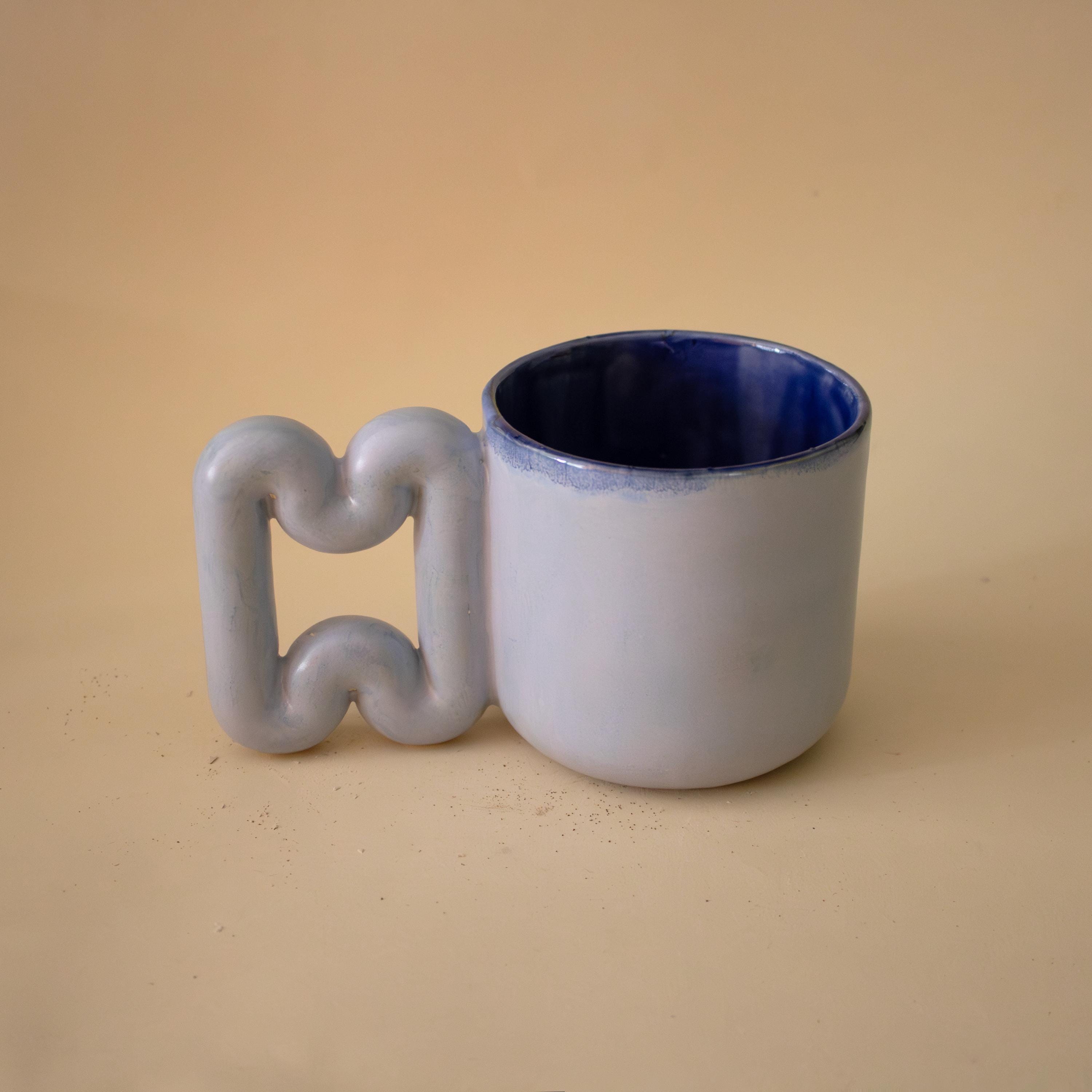 Handmade Light Blue Porcelain Mug: Funky Handle, Modern ceramic Coffee Cup