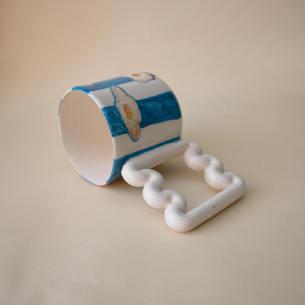 Hand Painted Porcelain Mug: Egg & Blue Stripes, Funky Handle