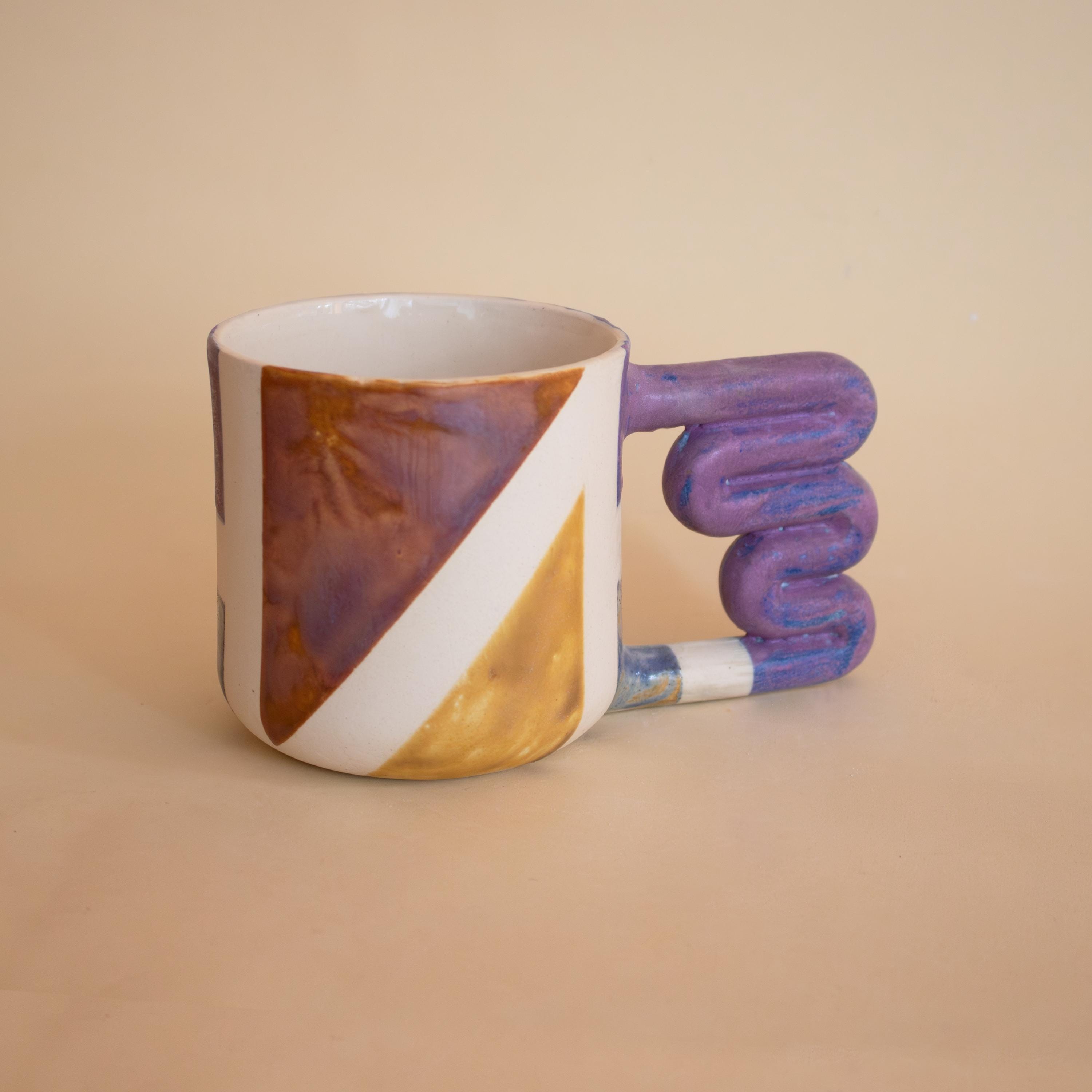 Handmade geometric ceramic mug with funky handle, colorful porcelain cup, artistic coffee lover gift