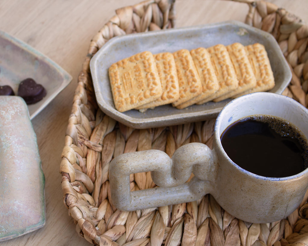 Natural stone inspired mug with funky handle, minimalist handmade porcelain cup, unique coffee gift