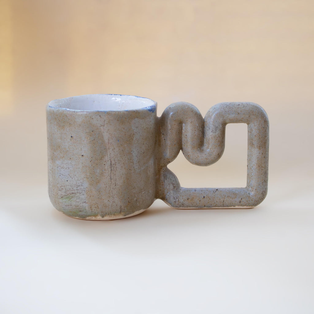 Natural stone inspired mug with funky handle, minimalist handmade porcelain cup, unique coffee gift