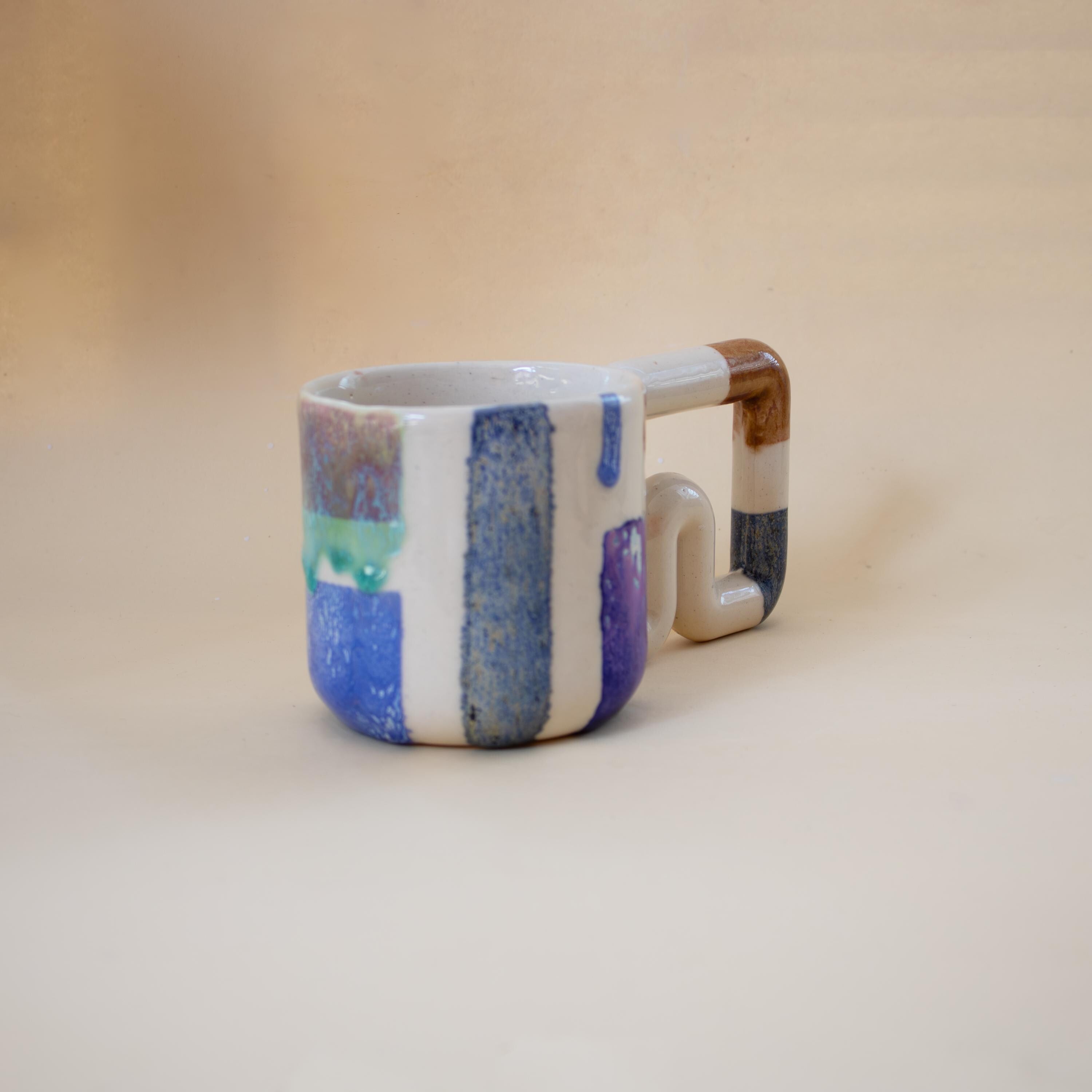 Handmade Porcelain Coffee Mug: Colourful Geometric Design, Wavy Handle