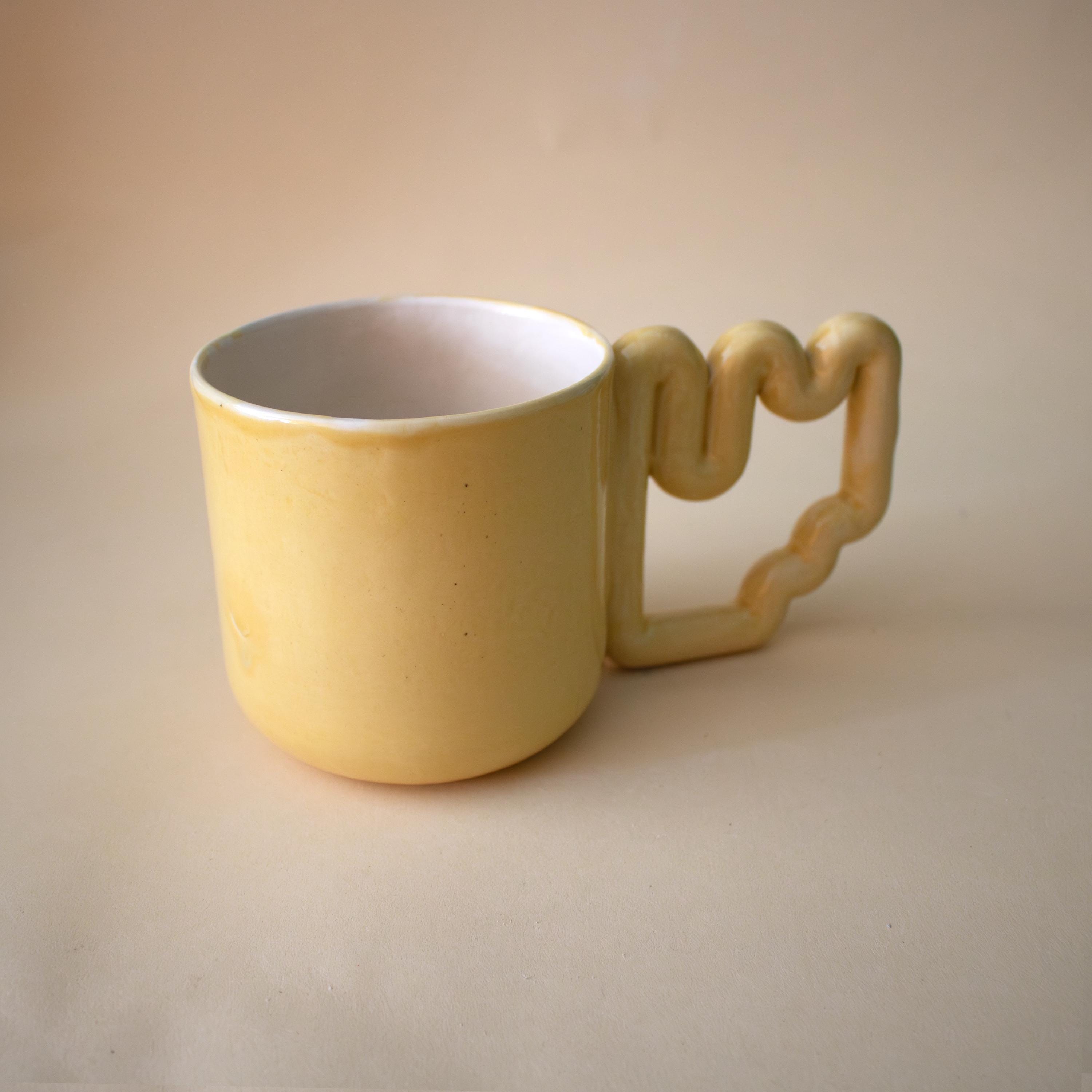 Yellow ceramic mug with funky handle, unique handmade cup, modern gift for coffee lovers