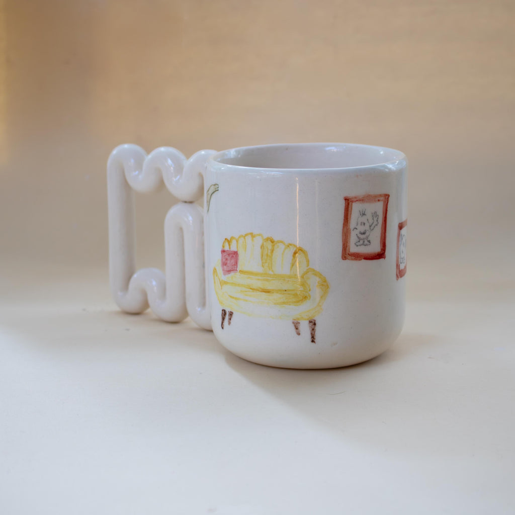 Handmade Porcelain Coffee Mug: Wavy Handle, Artistic Home Decor