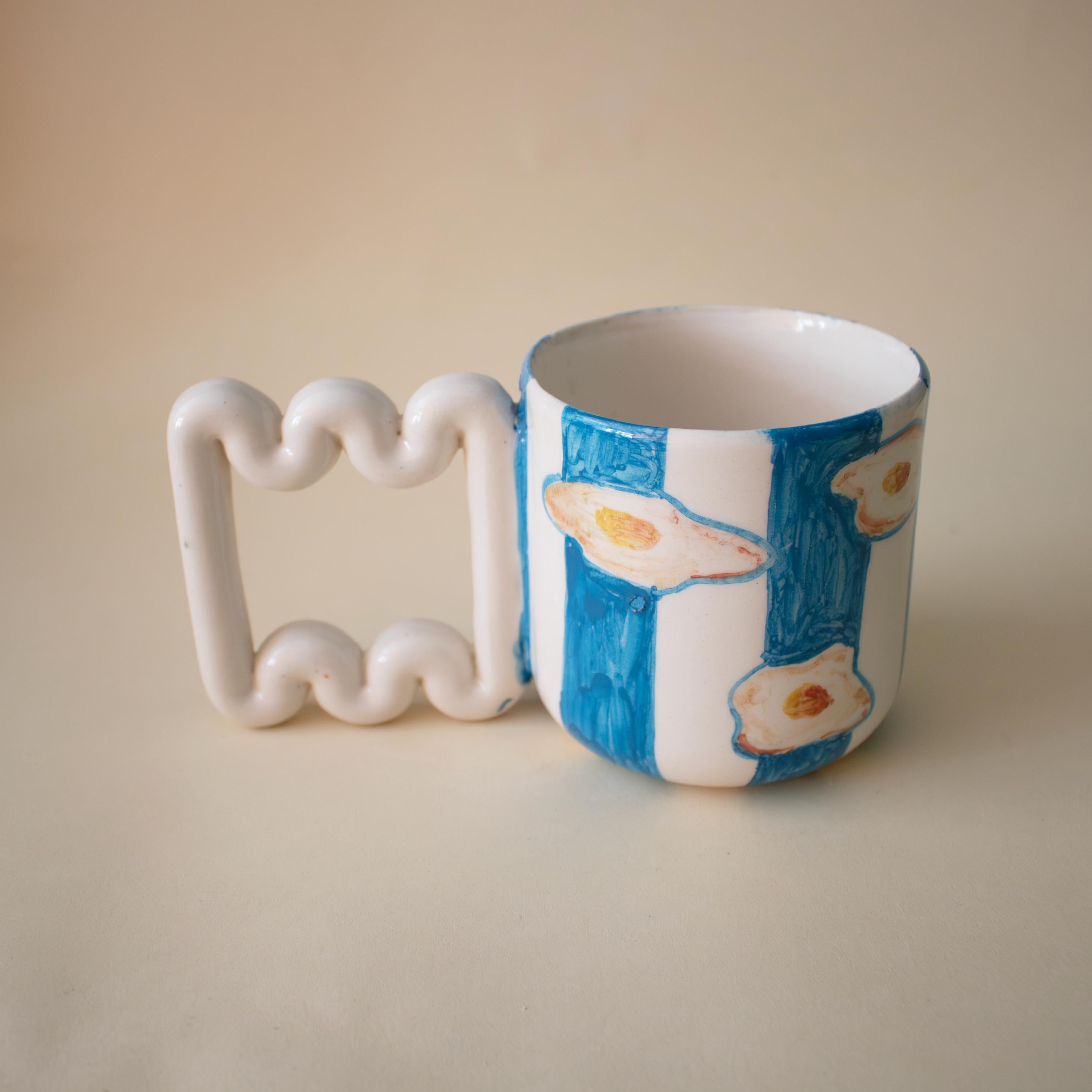 Hand Painted Porcelain Mug: Egg & Blue Stripes, Funky Handle