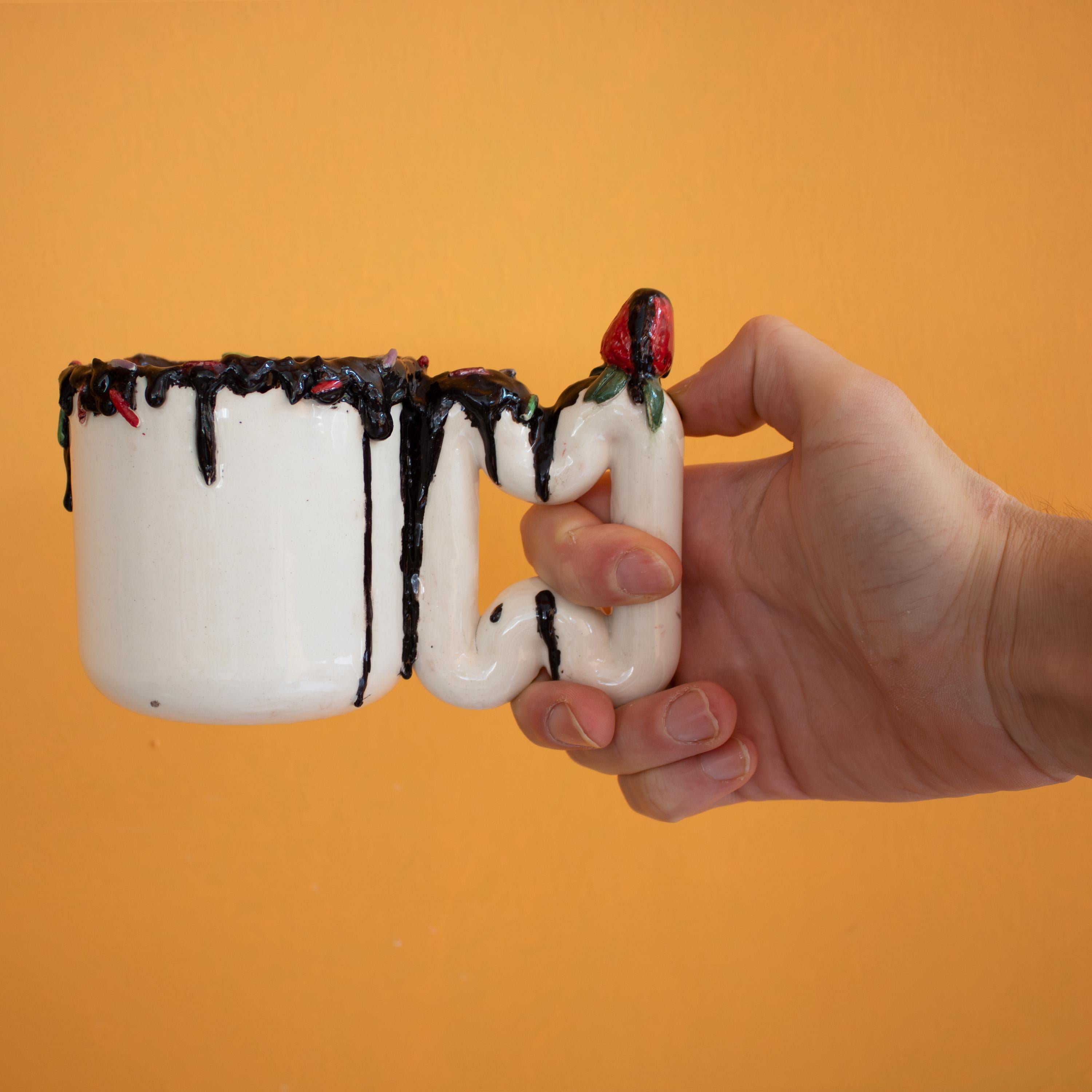 Handmade Chocolate Drip Mug: Funky Strawberry Handle Porcelain Cup