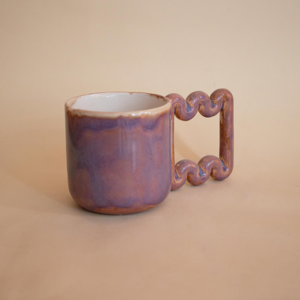 Copper pink ceramic mug with funky handle, sculptural handmade porcelain cup, modern coffee gift
