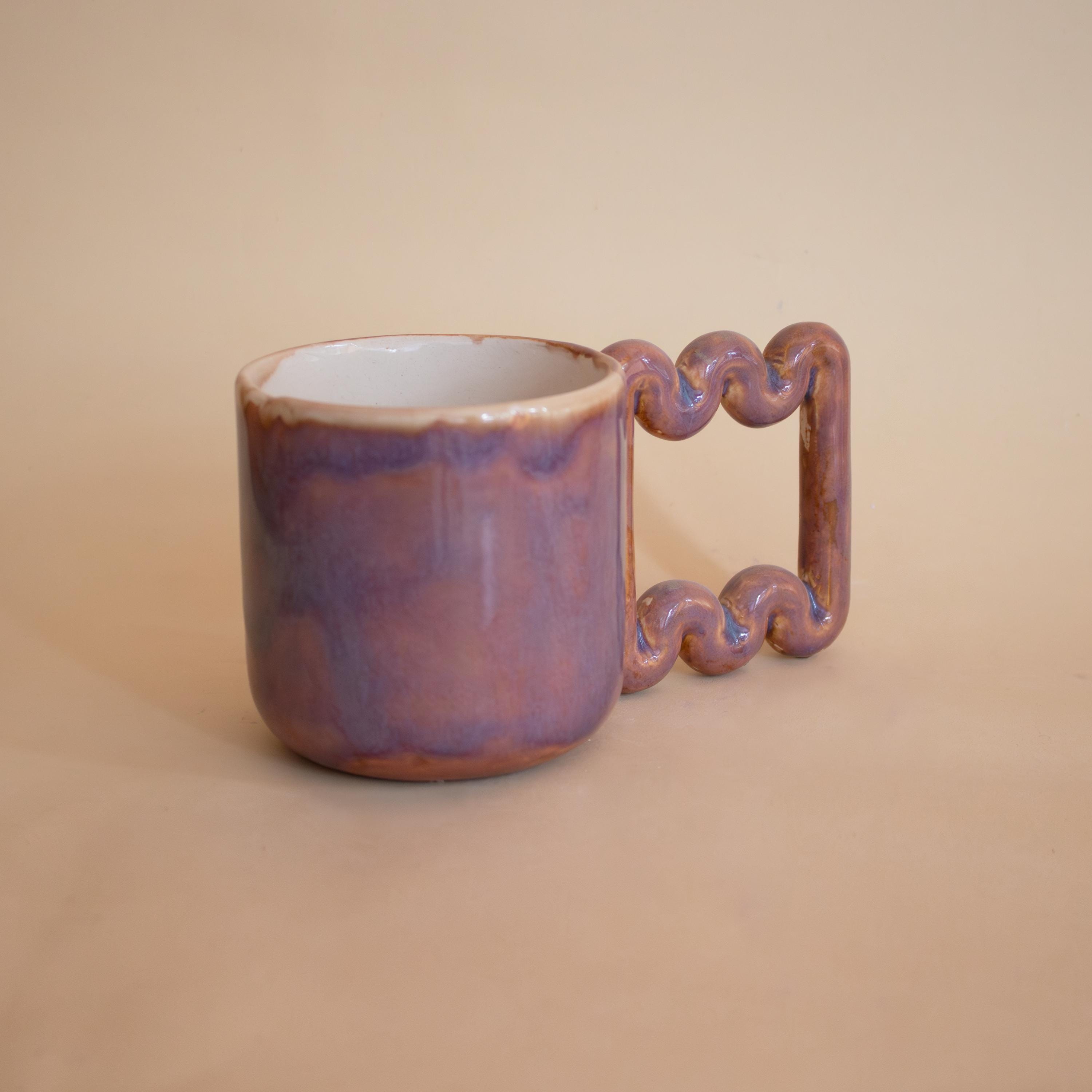 Copper pink ceramic mug with funky handle, sculptural handmade porcelain cup, modern coffee gift