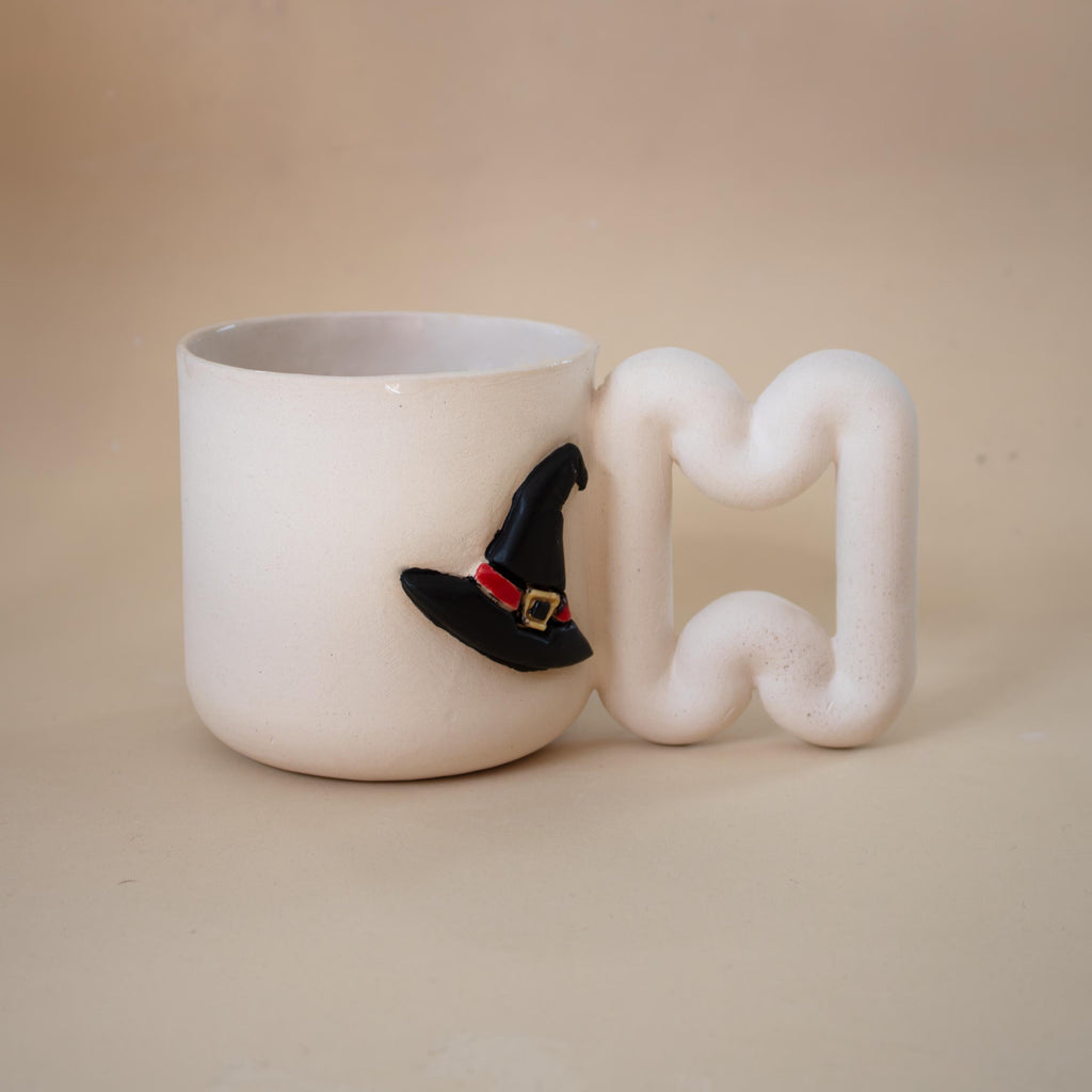 Spooky witch mug with funky handle: handmade porcelain Halloween cup
