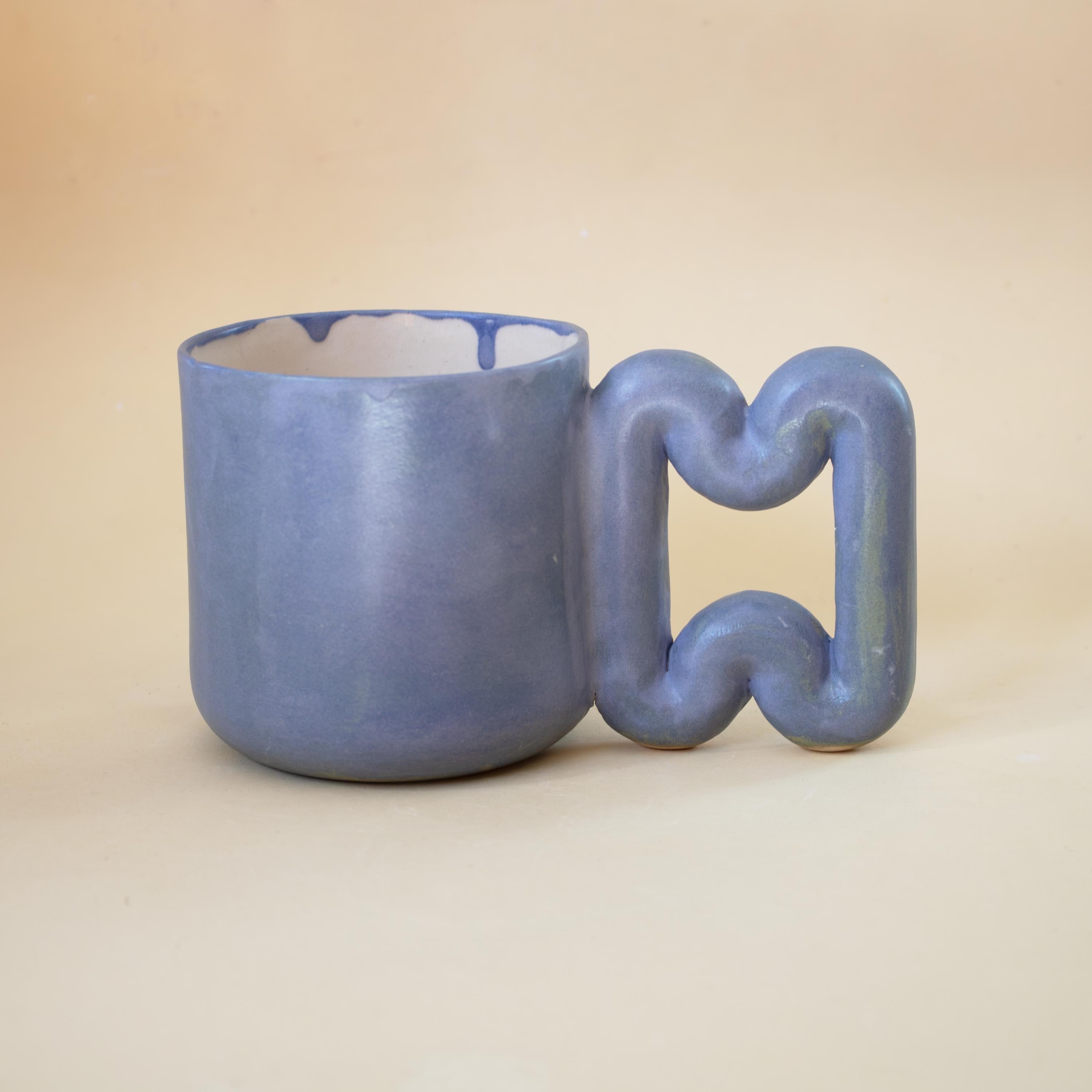 Matte blue porcelain mug with funky handle, handmade modern coffee cup