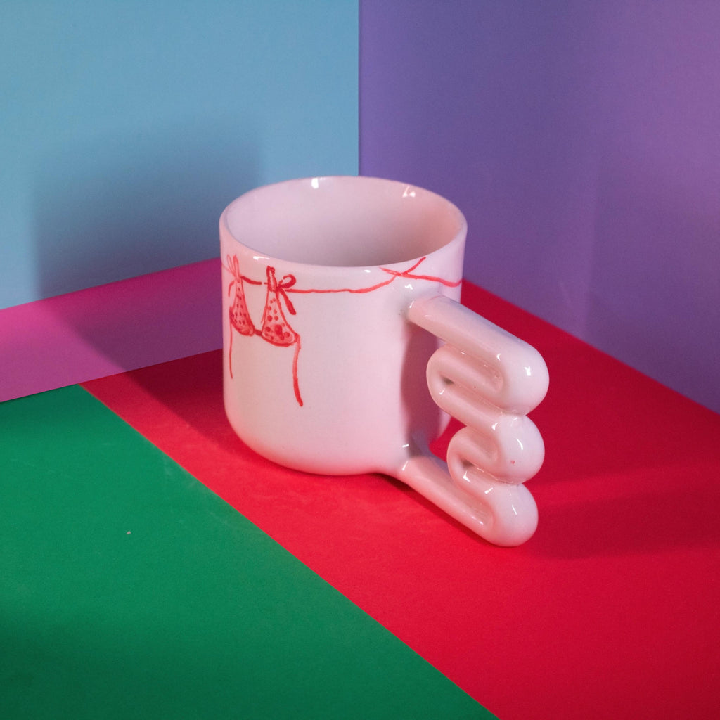Hand Painted Clothesline Mug: Funky Handle Ceramic Coffee Cup