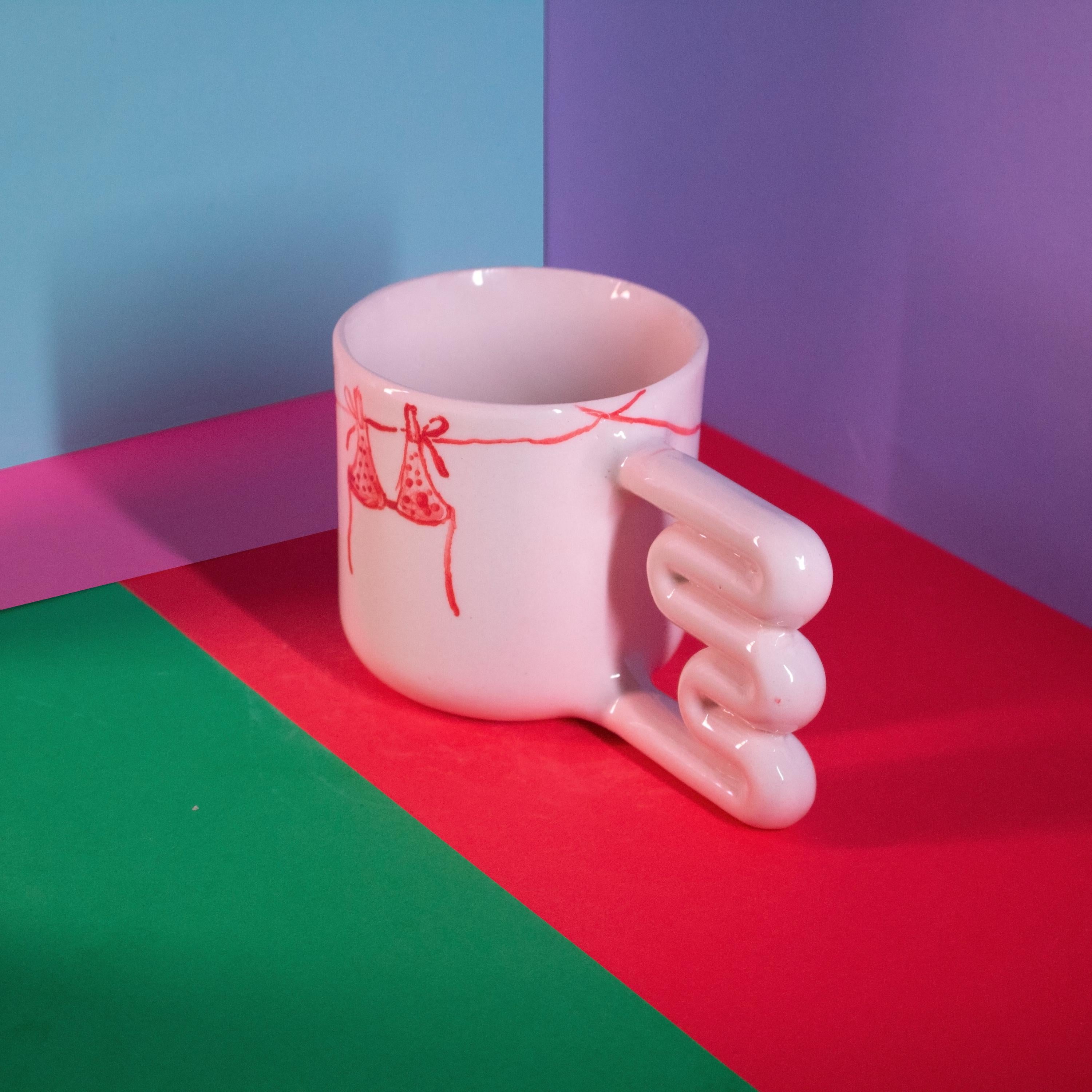 Hand Painted Clothesline Mug: Funky Handle Ceramic Coffee Cup