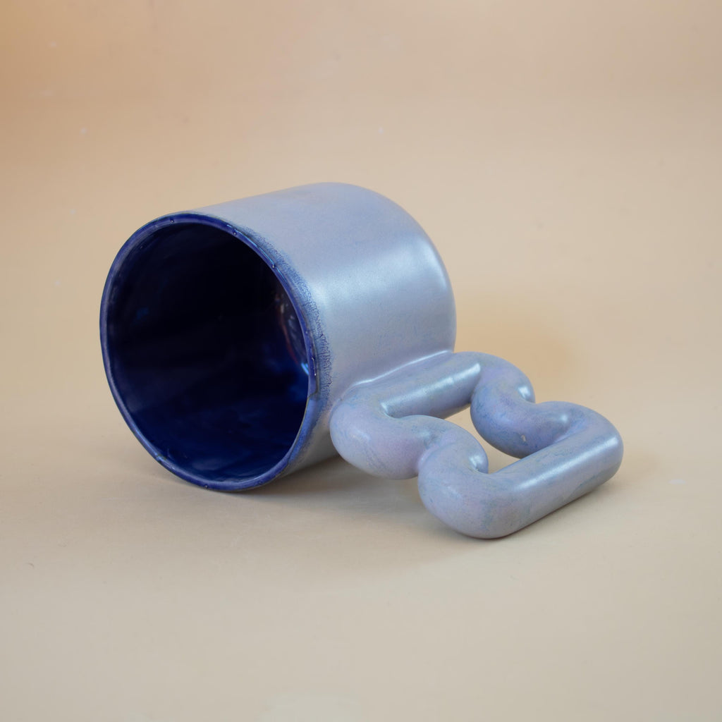 Handmade Light Blue Porcelain Mug: Funky Handle, Modern ceramic Coffee Cup