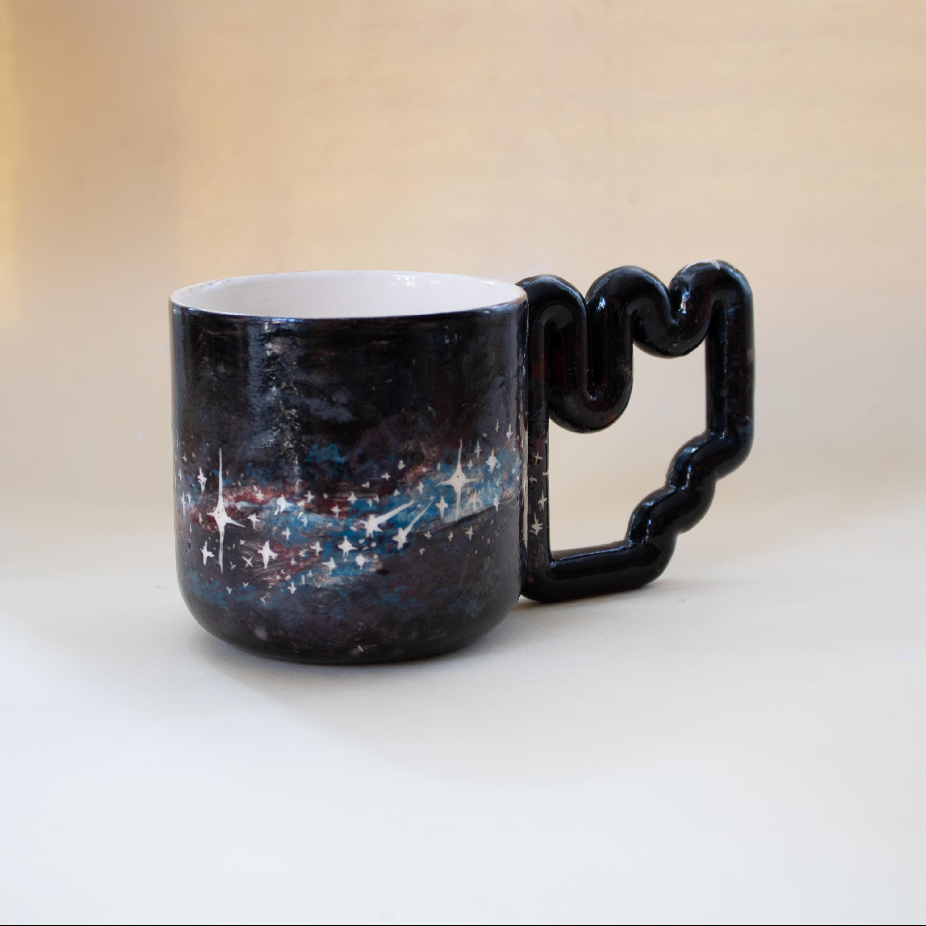 Handmade Celestial Porcelain Mug: Galaxy Design, Funky Handle
