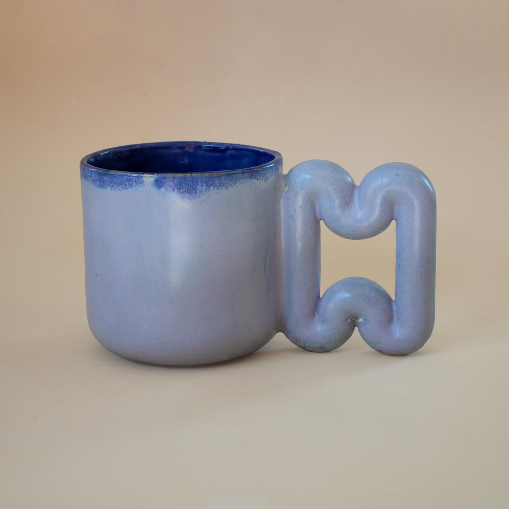 Handmade Light Blue Porcelain Mug: Funky Handle, Modern ceramic Coffee Cup