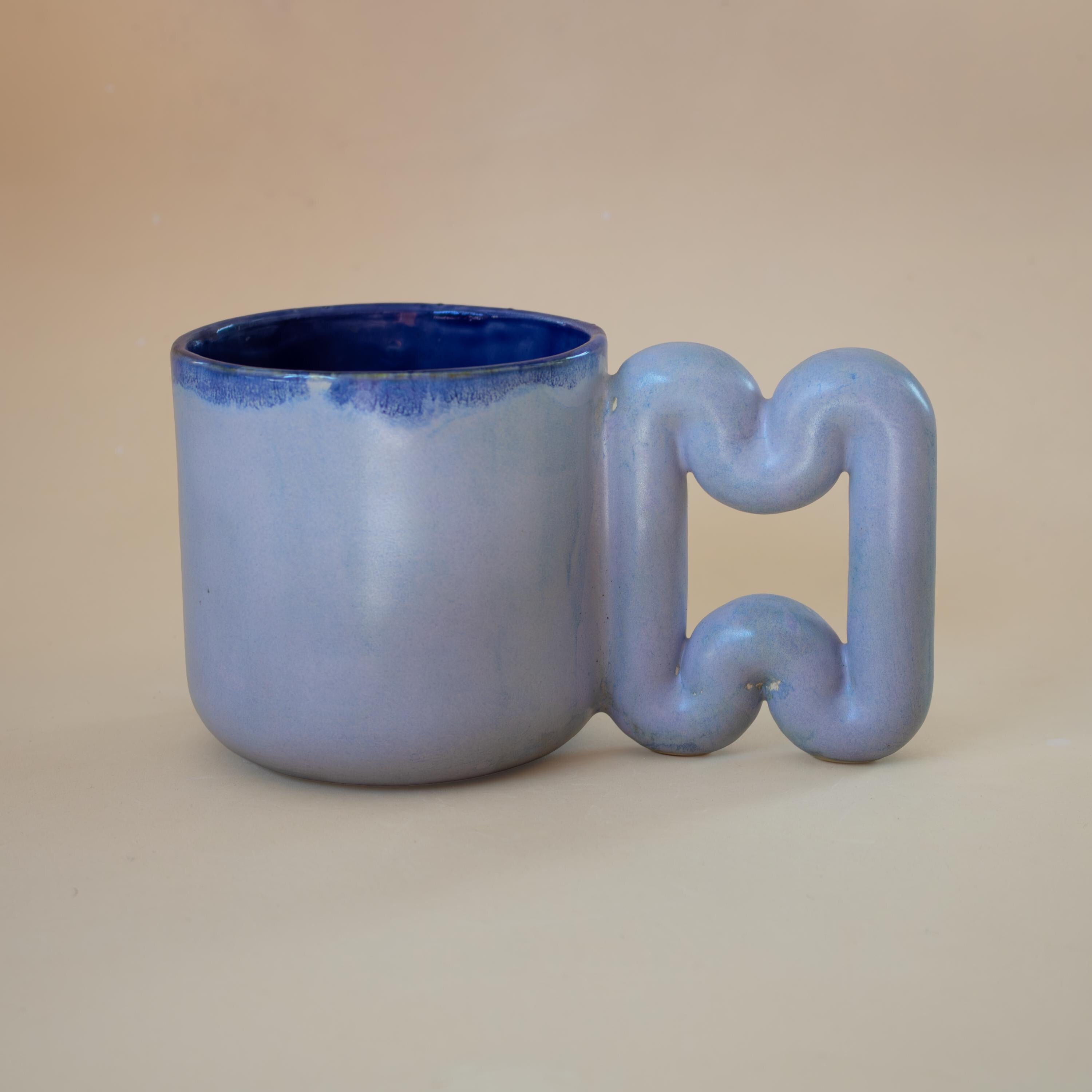 Handmade Light Blue Porcelain Mug: Funky Handle, Modern ceramic Coffee Cup