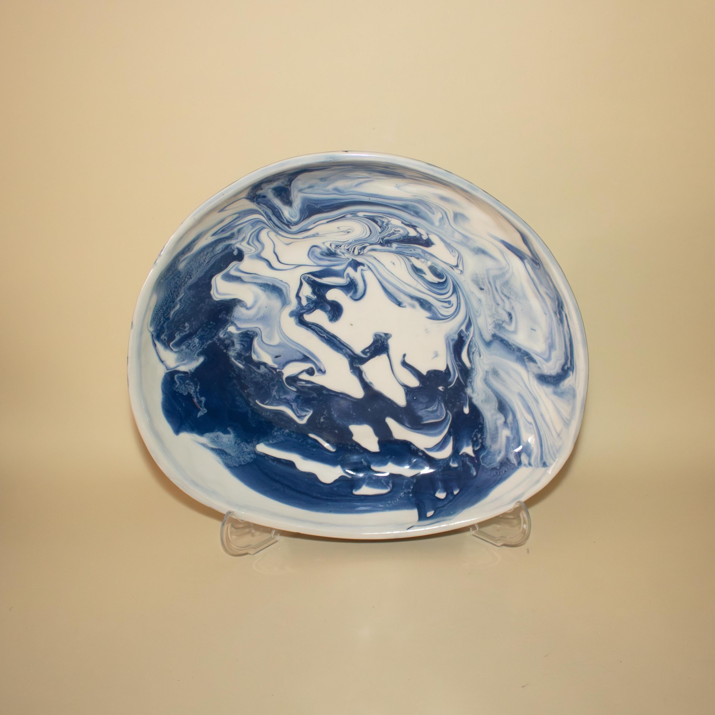 Handmade Marble Porcelain Salad Plate: Blue, Black, and White