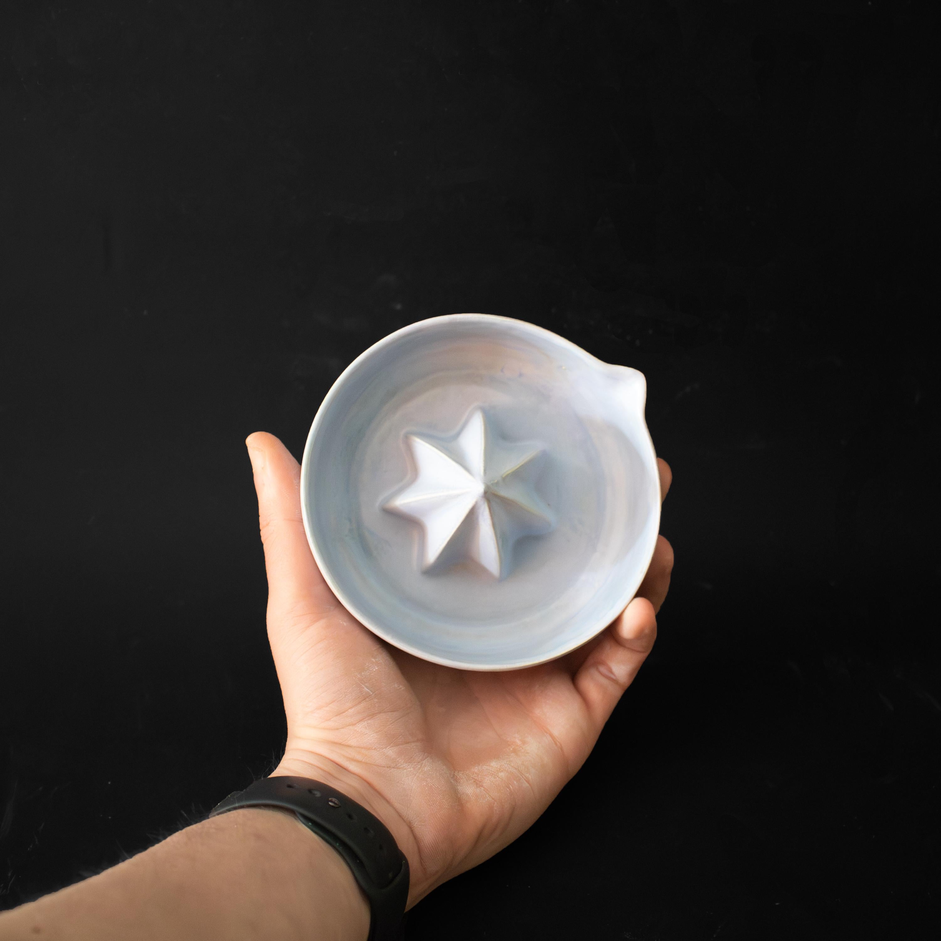 Handmade light blue Ceramic Lemon Squeezer, Artisan Pottery Citrus Juicer