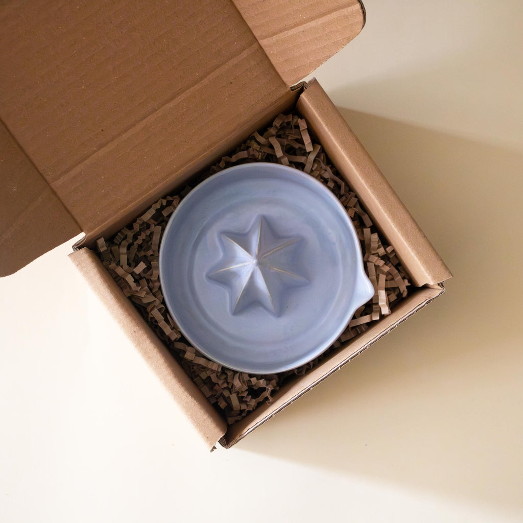 Handmade light blue Ceramic Lemon Squeezer, Artisan Pottery Citrus Juicer