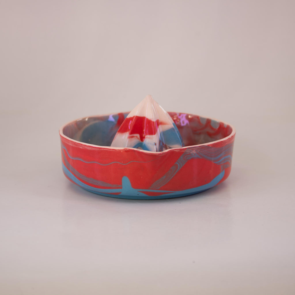 Red and blue porcelain lemon squeezer, handmade citrus juicer