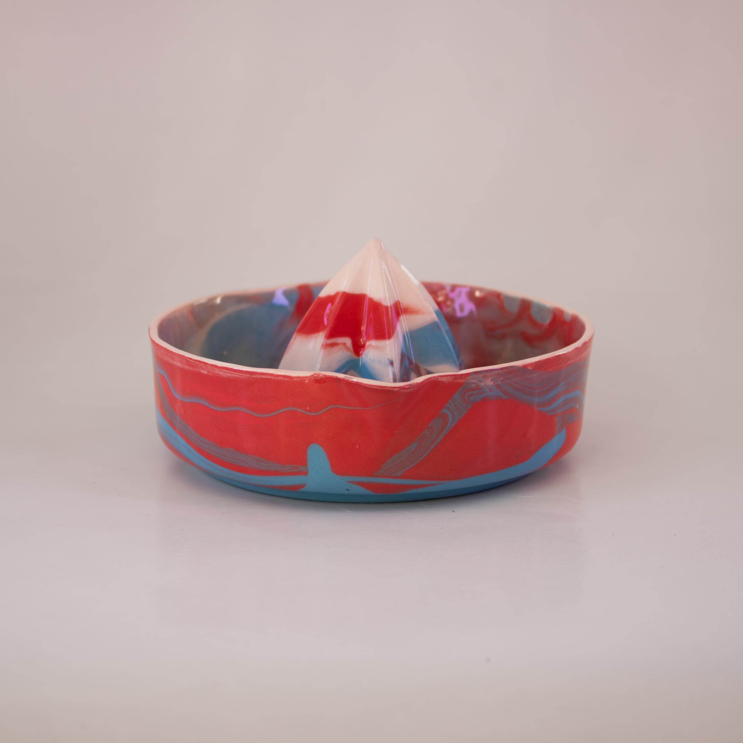 Red and blue porcelain lemon squeezer, handmade citrus juicer