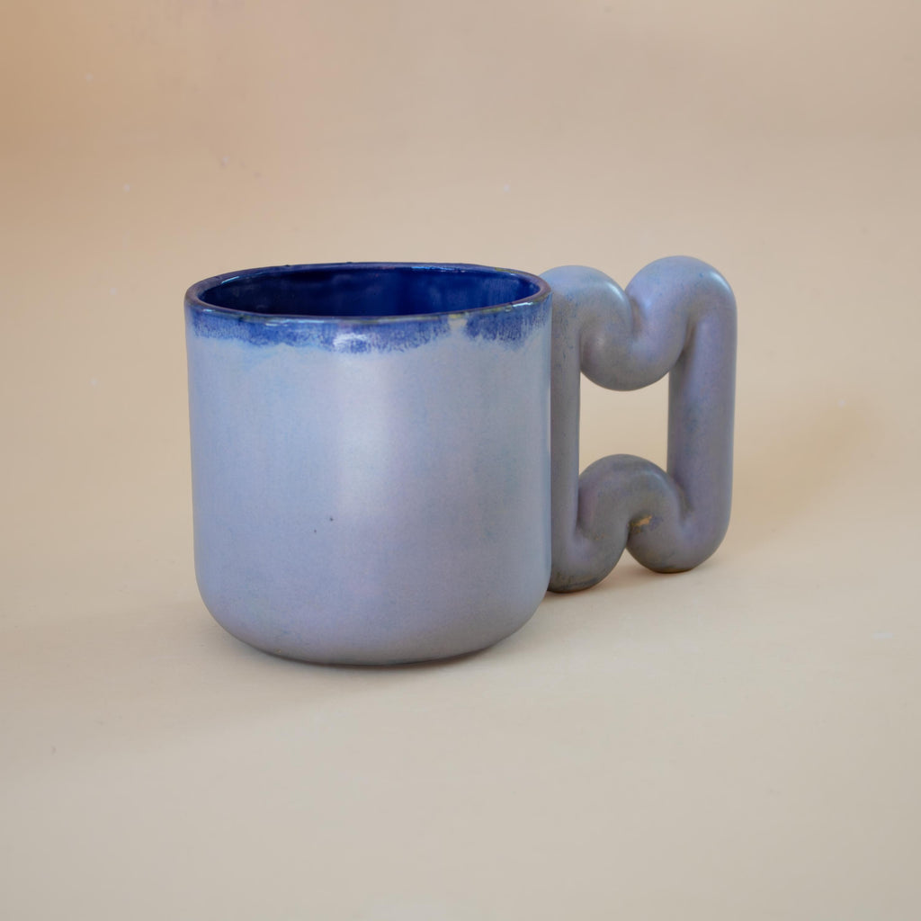 Handmade Light Blue Porcelain Mug: Funky Handle, Modern ceramic Coffee Cup