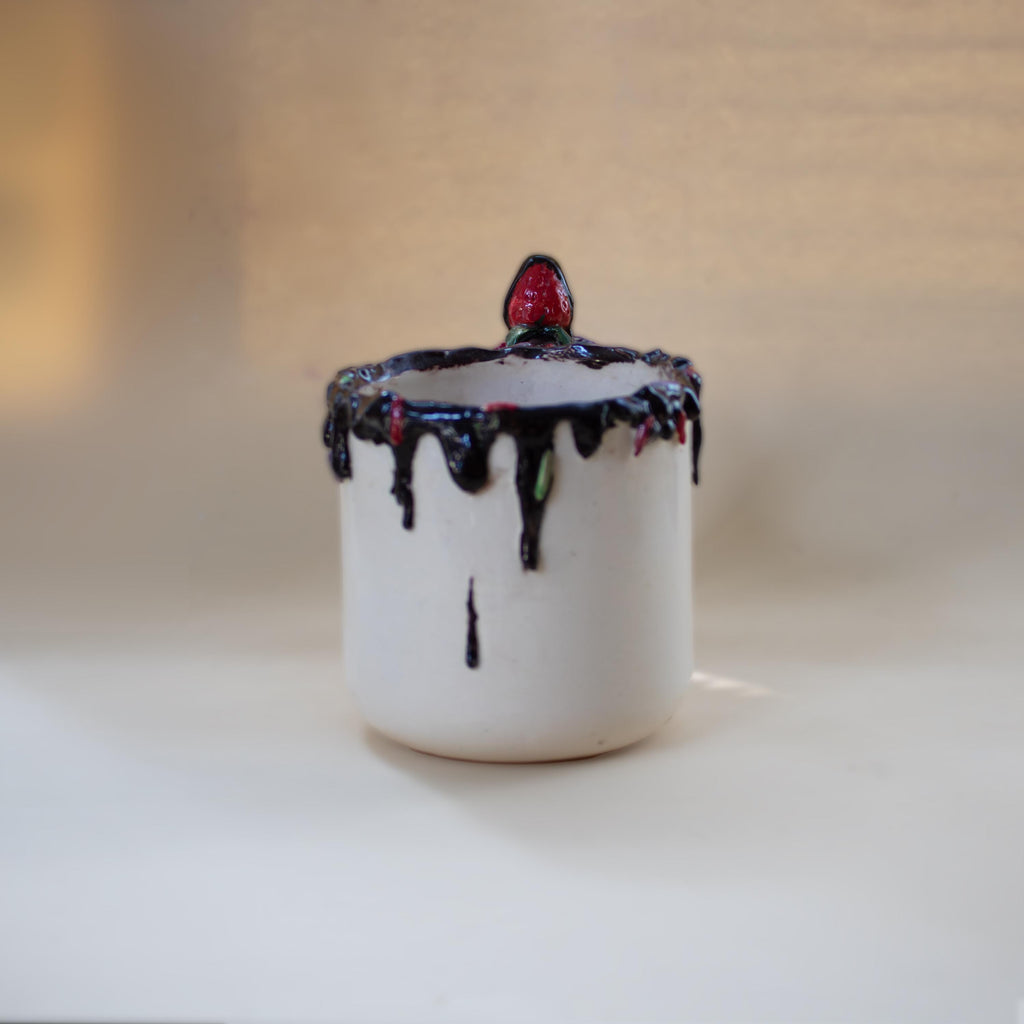 Handmade Chocolate Drip Mug: Funky Strawberry Handle Porcelain Cup