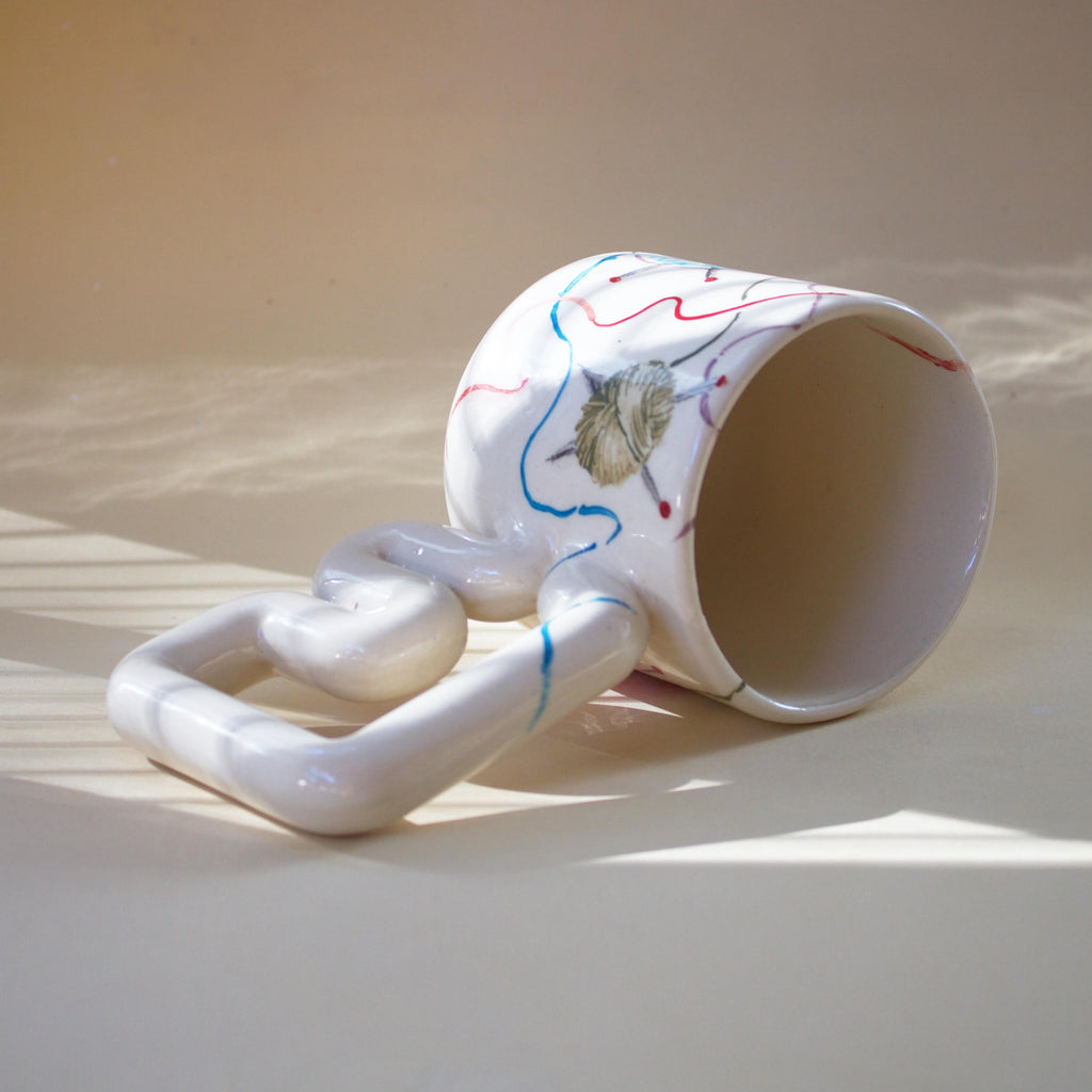 Colorful yarn pattern porcelain mug with funky handle: Handmade Knitting cup