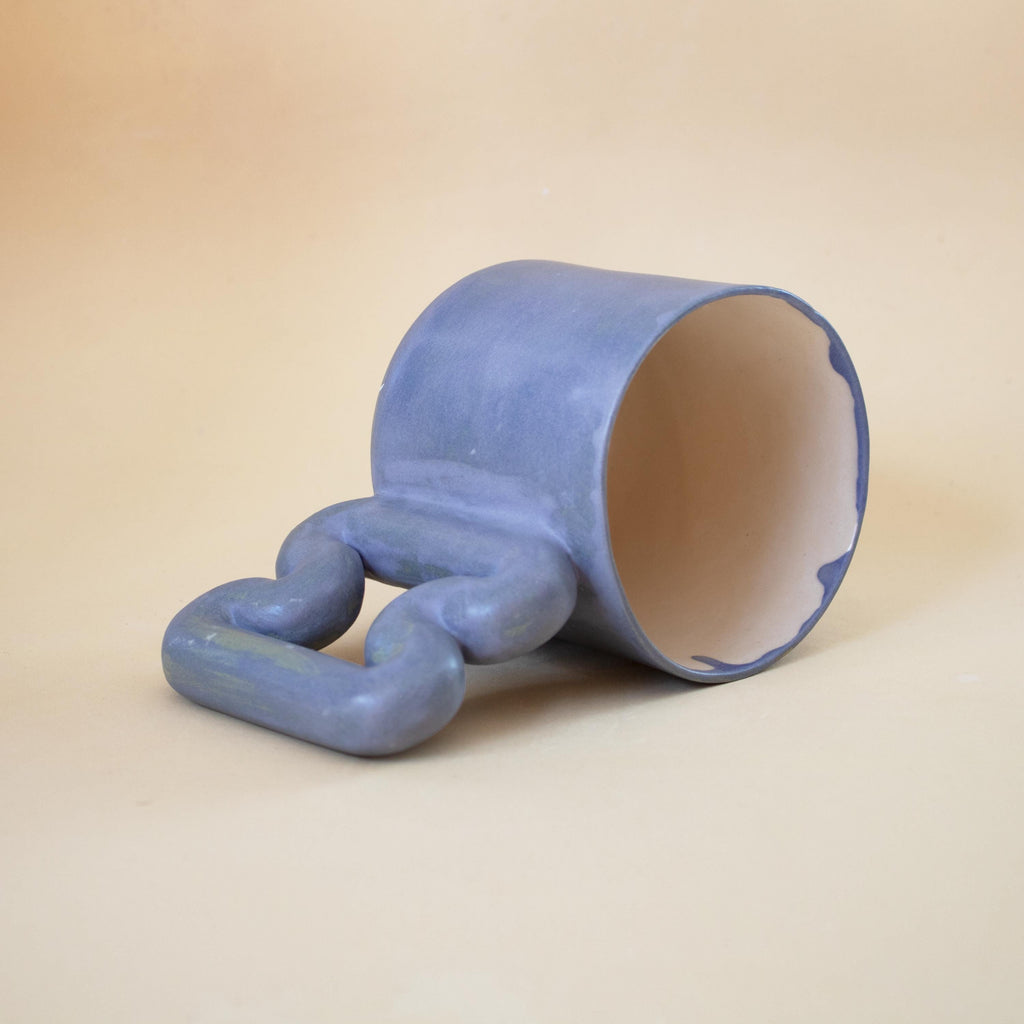 Matte blue porcelain mug with funky handle, handmade modern coffee cup