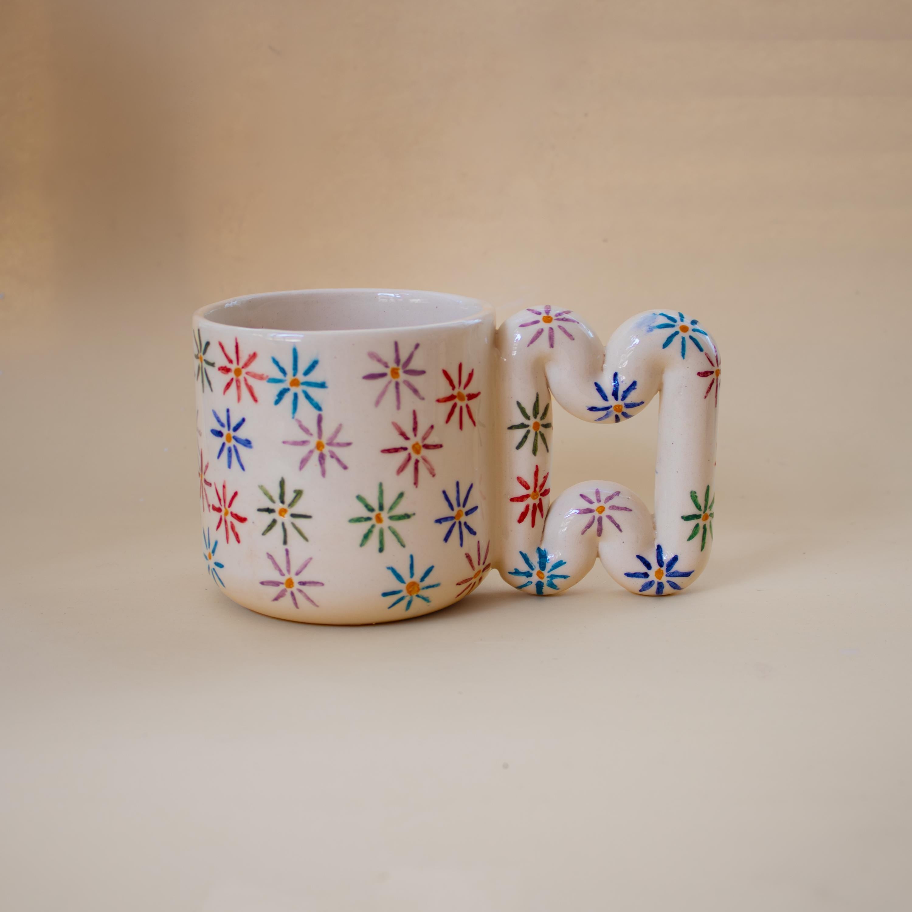 Handmade Ceramic Mug: Floral Blossom Design, Wavy Handle porcelain cup