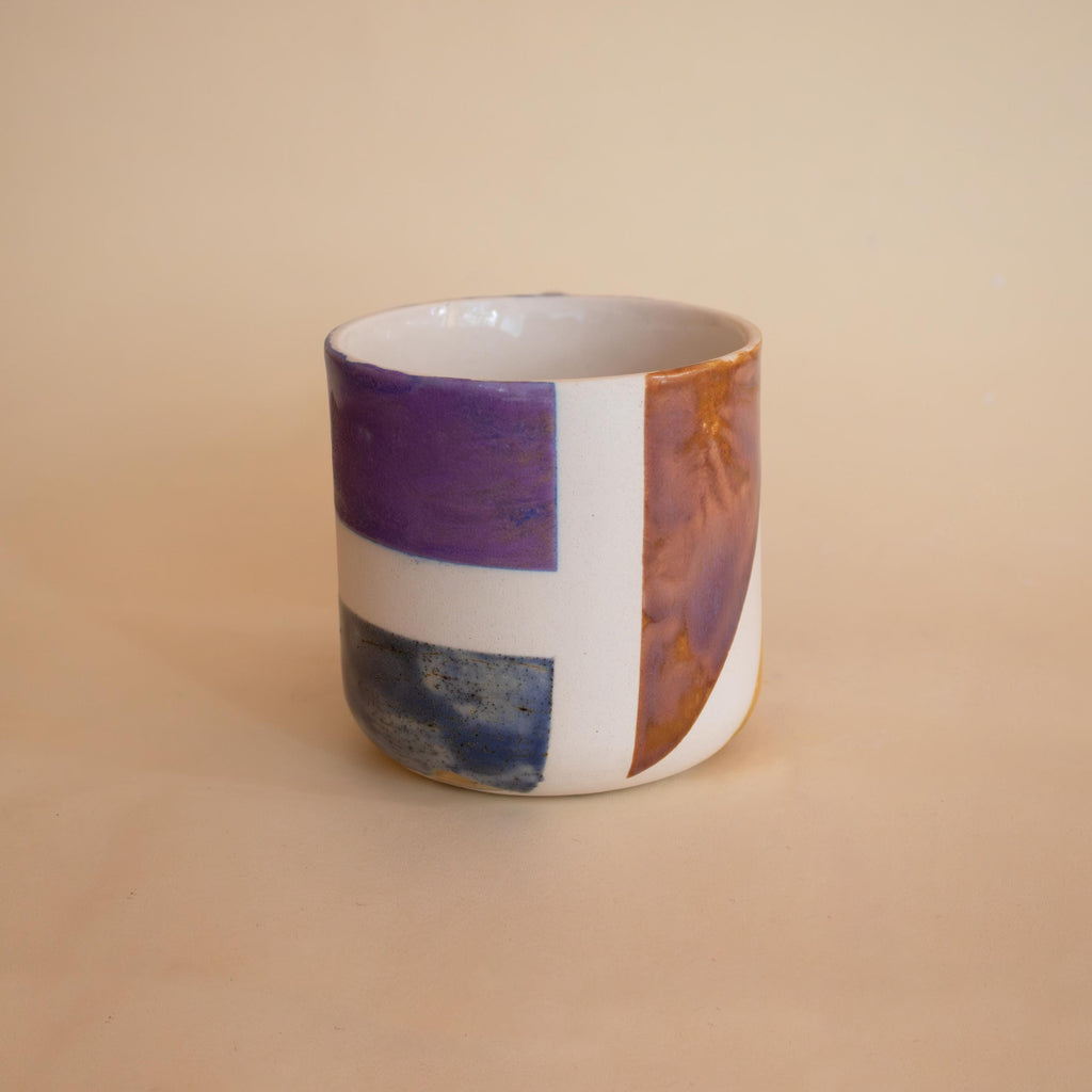 Handmade geometric ceramic mug with funky handle, colorful porcelain cup, artistic coffee lover gift