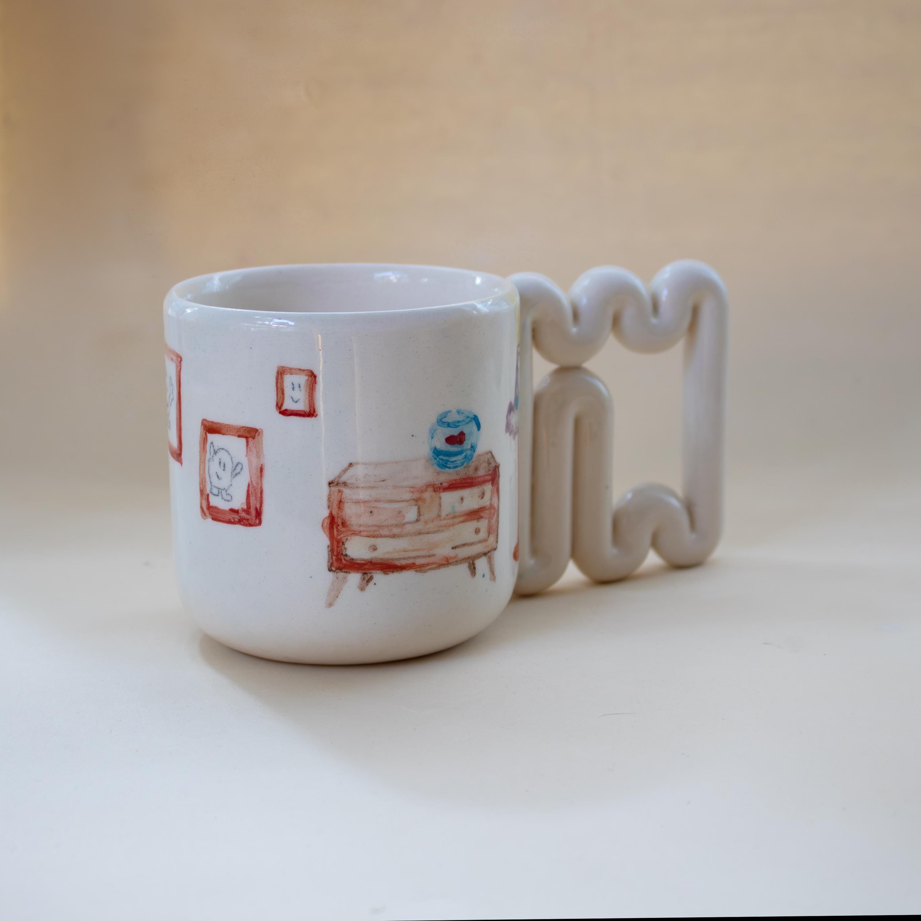 Handmade Porcelain Coffee Mug: Wavy Handle, Artistic Home Decor