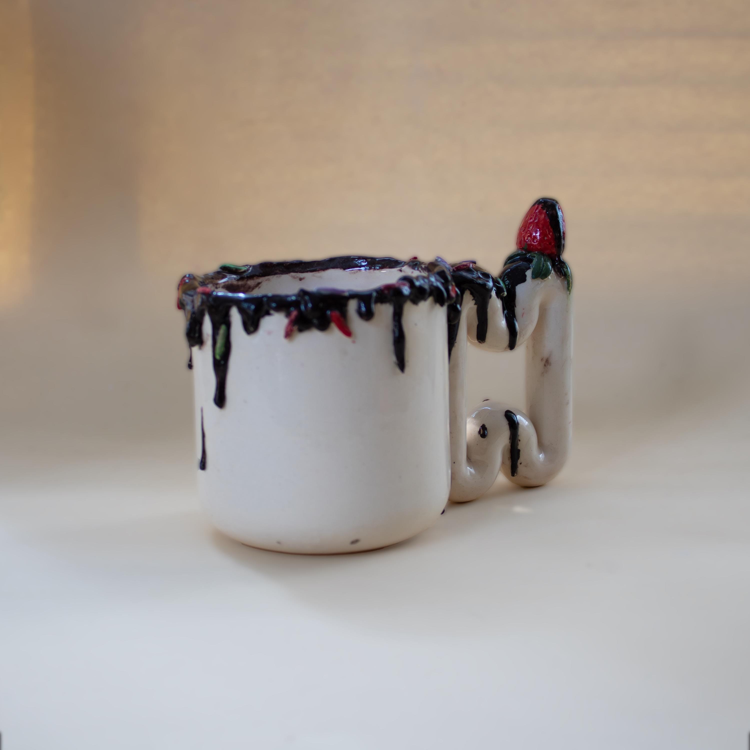 Handmade Chocolate Drip Mug: Funky Strawberry Handle Porcelain Cup