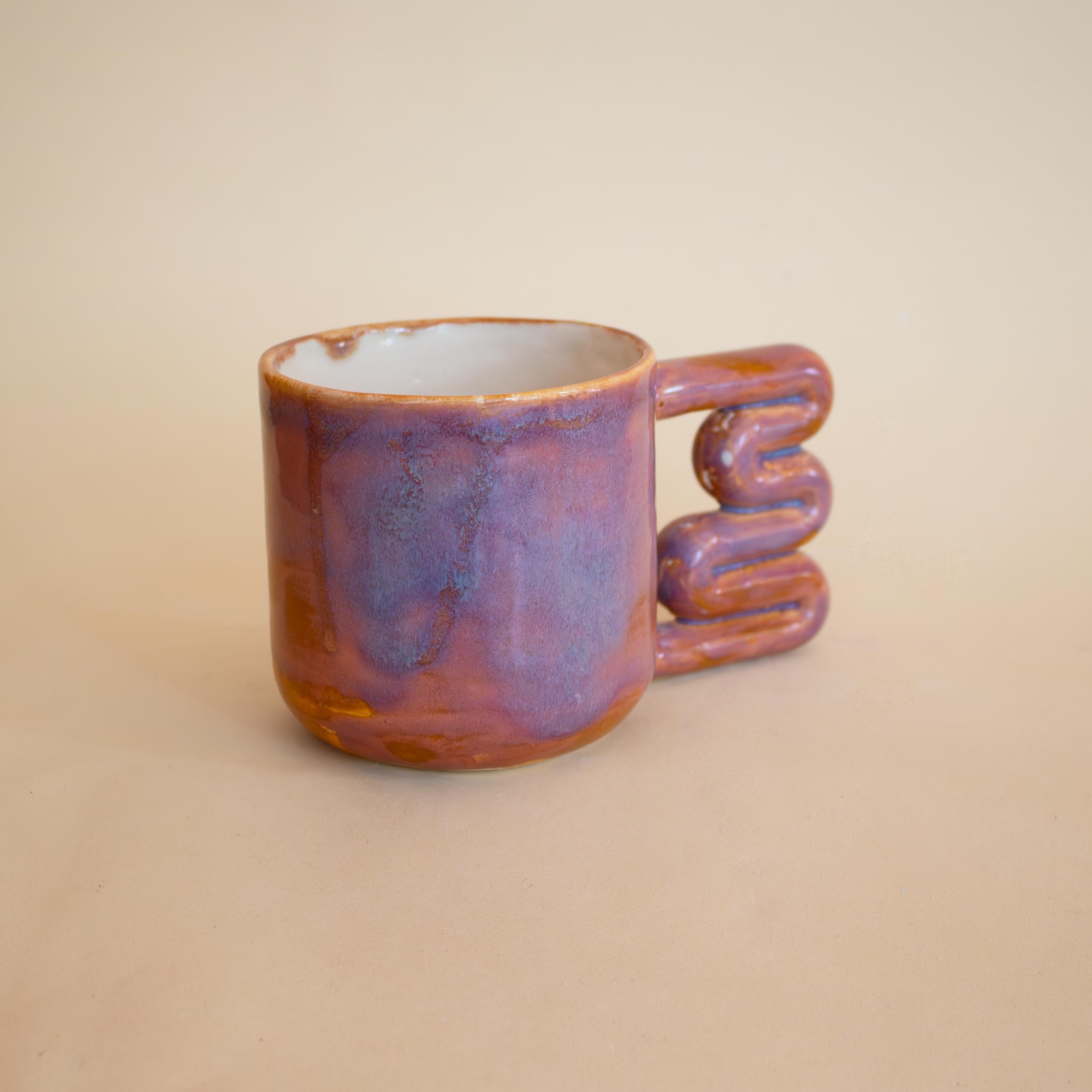 Handmade Porcelain Coffee Mug: Unique Wavy Handle, Art Lover Gift
