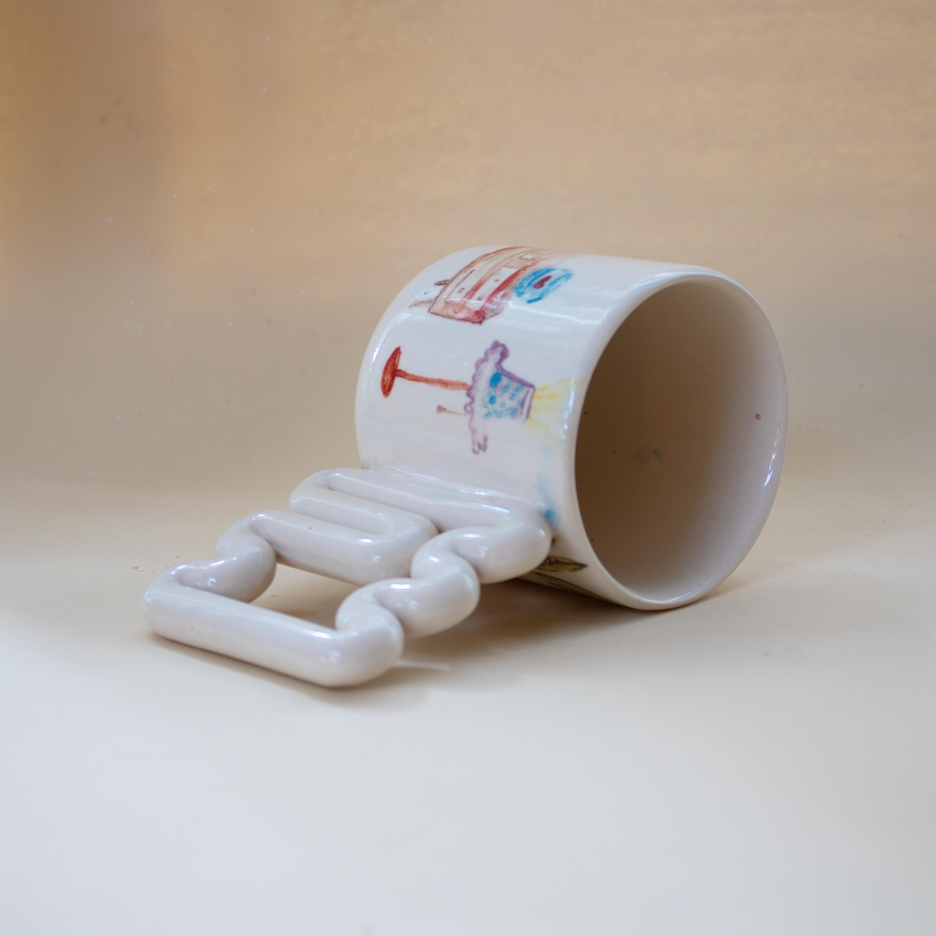 Handmade Porcelain Coffee Mug: Wavy Handle, Artistic Home Decor