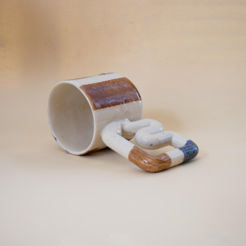 Handmade Porcelain Coffee Mug: Colourful Geometric Design, Wavy Handle