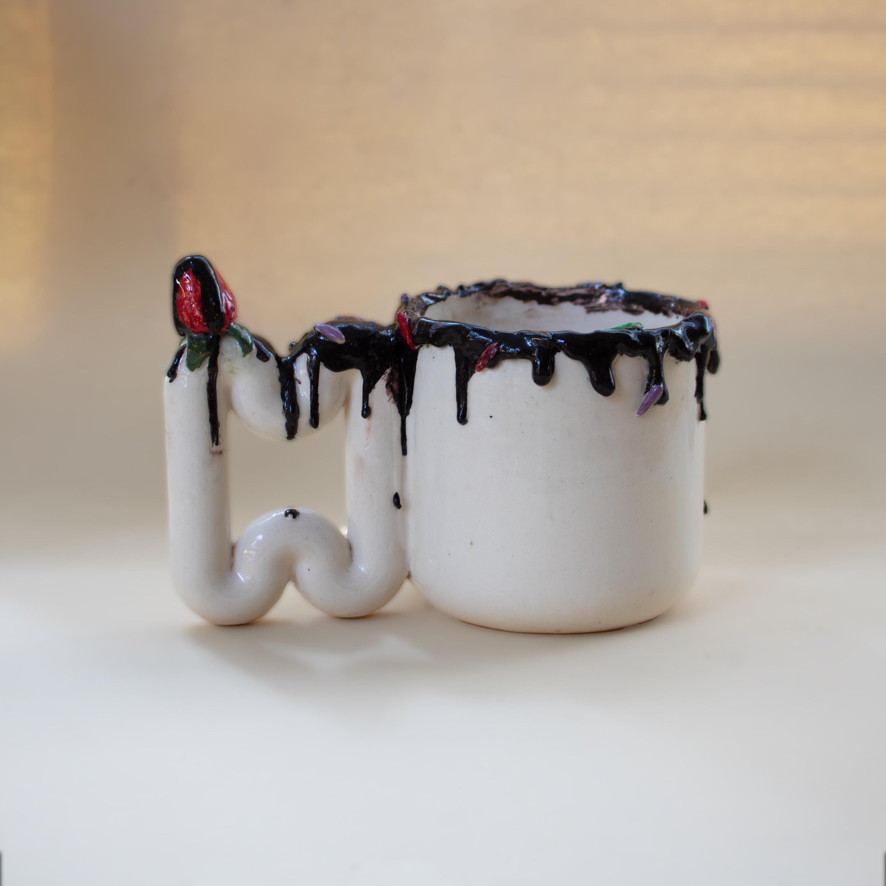 Handmade Chocolate Drip Mug: Funky Strawberry Handle Porcelain Cup