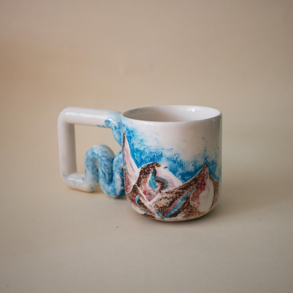 Handmade Mountain Ceramic Mug: Wavy Handle Porcelain Coffee Cup