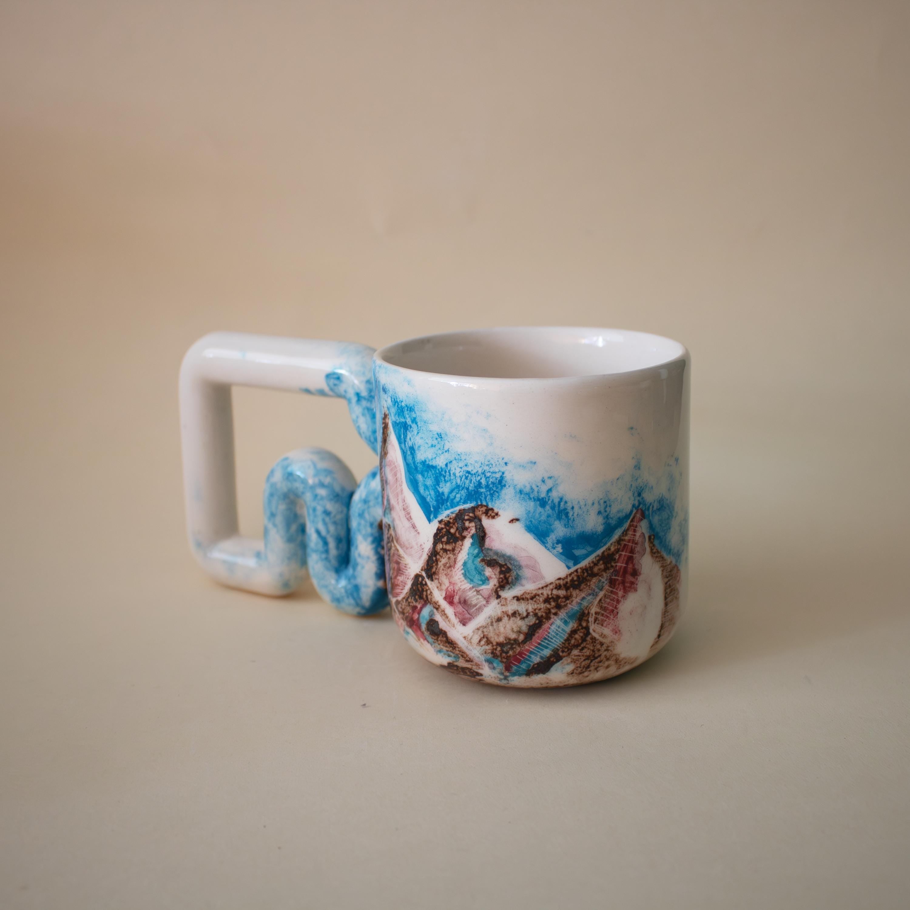 Handmade Mountain Ceramic Mug: Wavy Handle Porcelain Coffee Cup